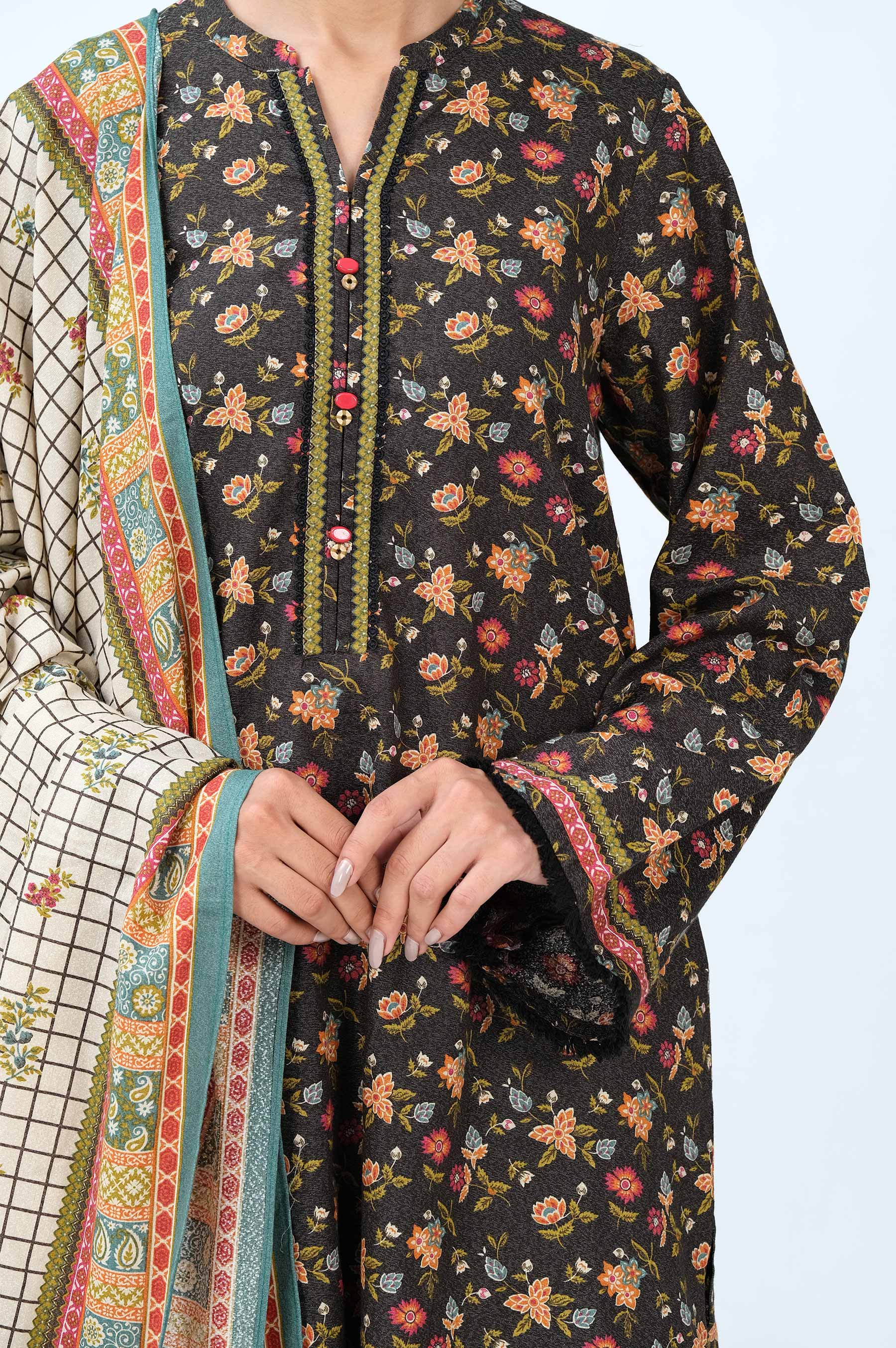 Stitched 3 Piece Printed Karandi Suit - Image 6