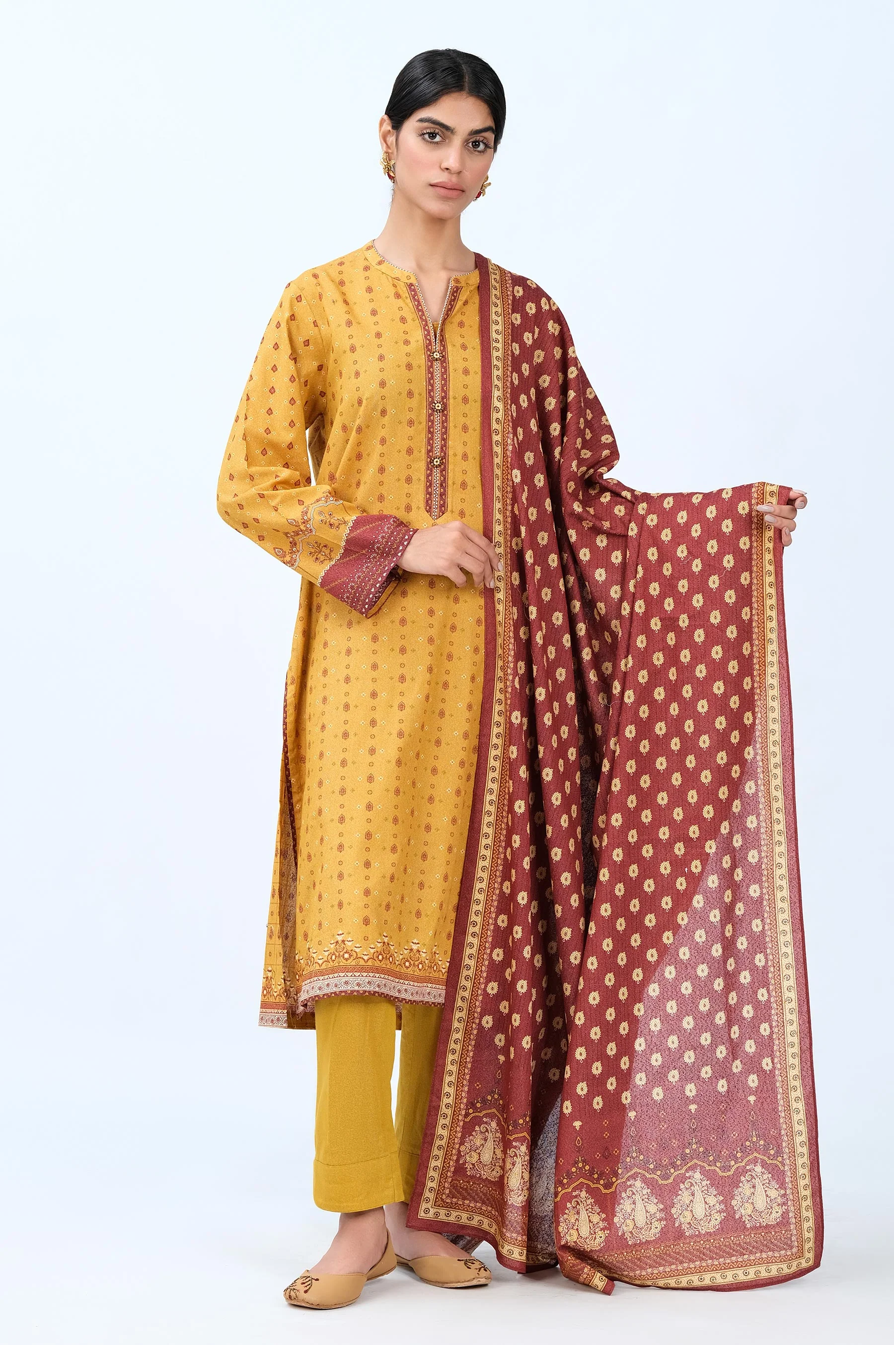 Stitched 3 Piece Printed Karandi Suit - Image 2