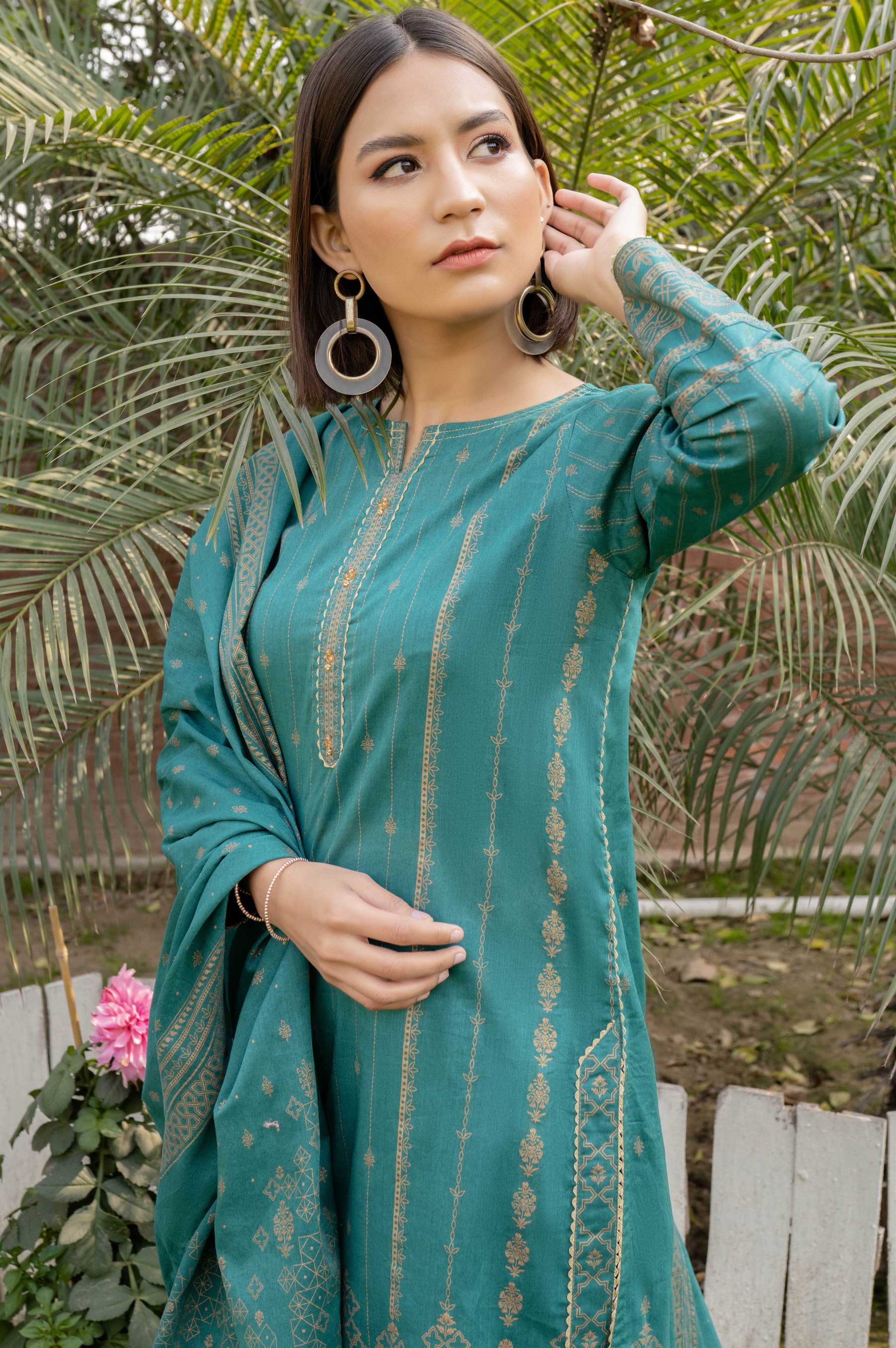 Stitched 3 Piece Printed Gold Paste Lawn Suit with Printed Gold Paste Lawn Dupatta - Image 3