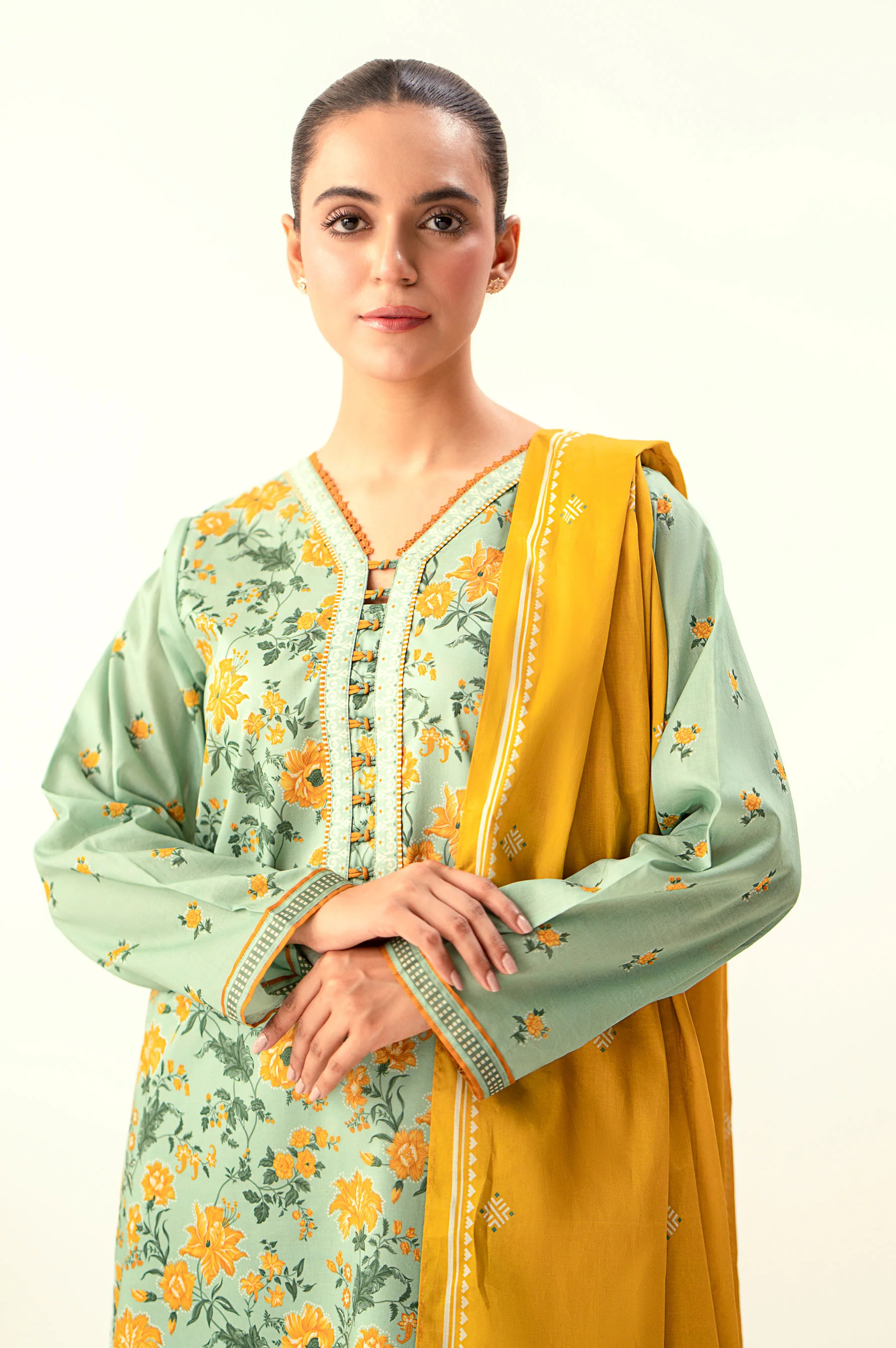 Stitched 3 Piece Printed Lawn Suit with Dyed Cambric Bottom - Image 3