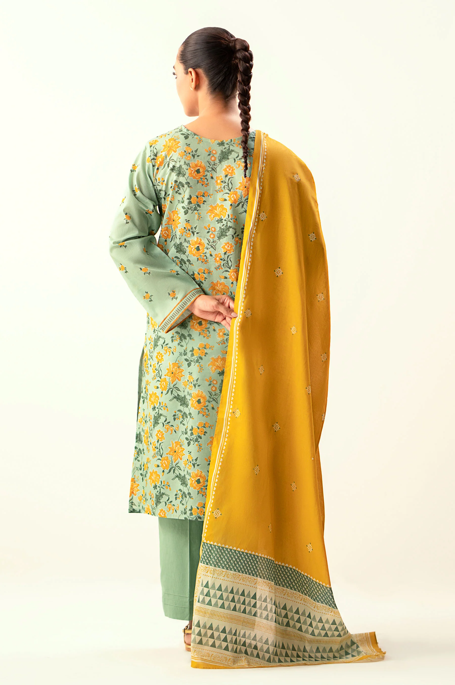 Stitched 3 Piece Printed Lawn Suit with Dyed Cambric Bottom - Image 4