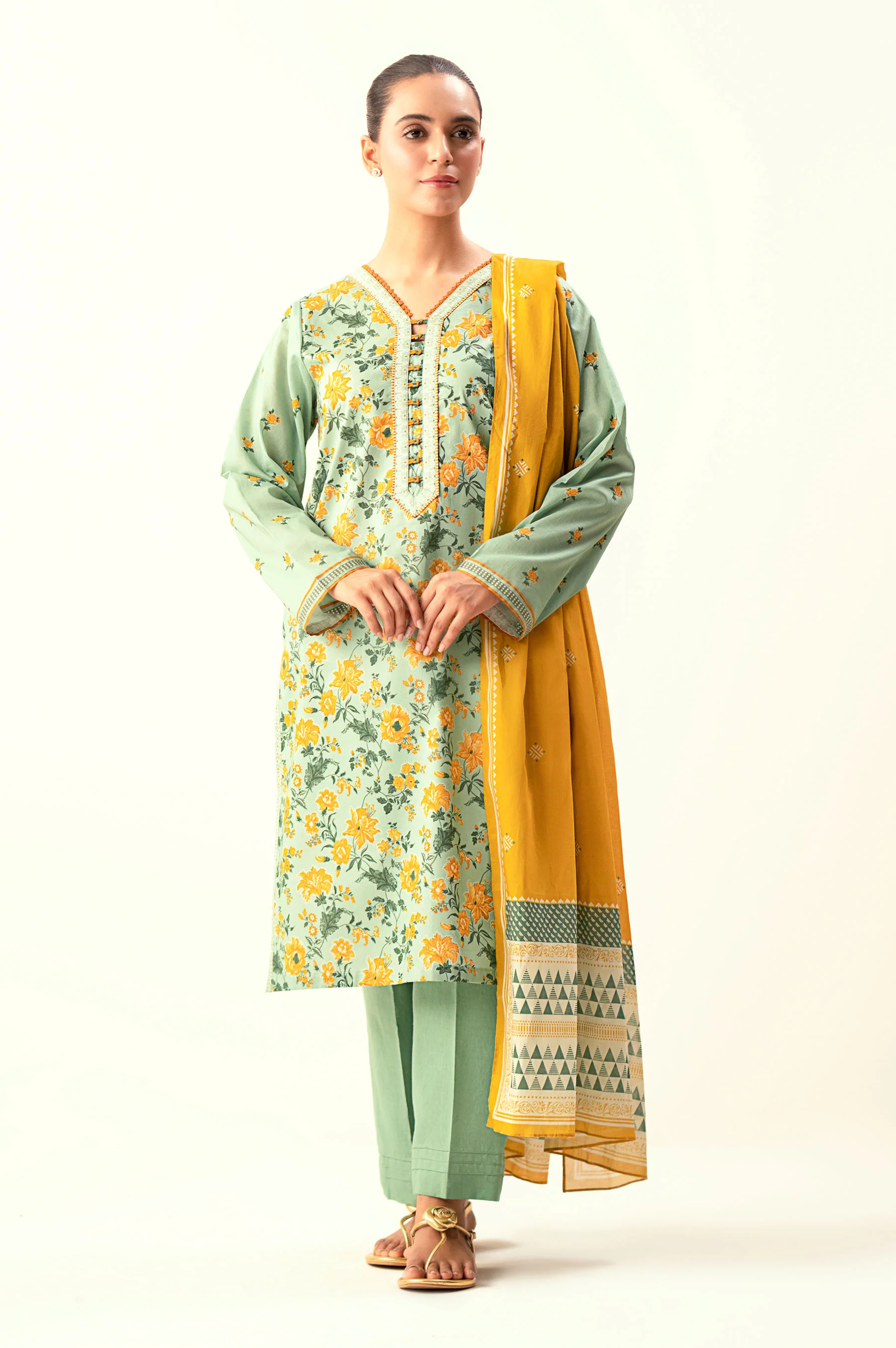 Stitched 3 Piece Printed Lawn Suit with Dyed Cambric Bottom - Image 5