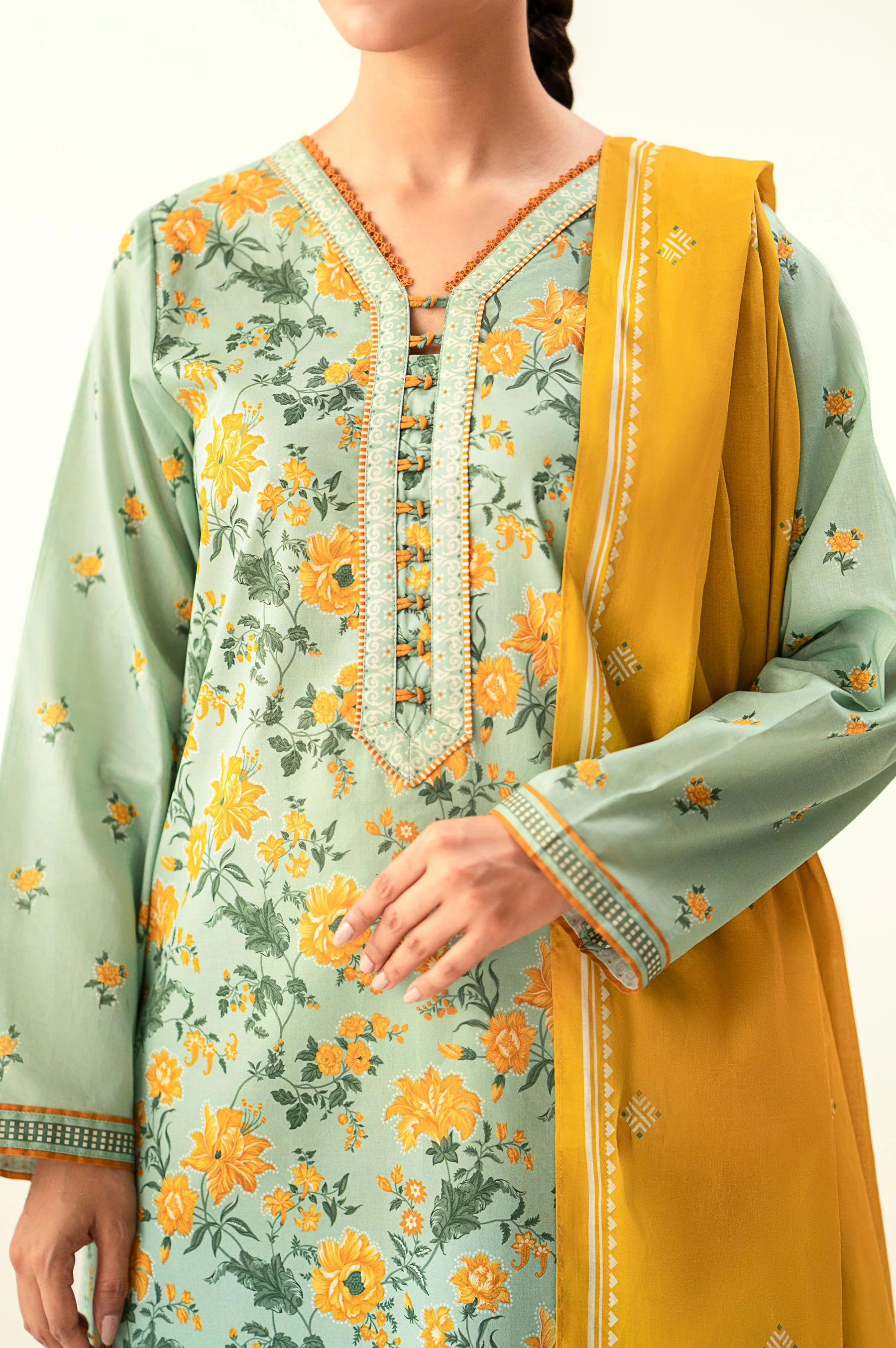 Stitched 3 Piece Printed Lawn Suit with Dyed Cambric Bottom - Image 6