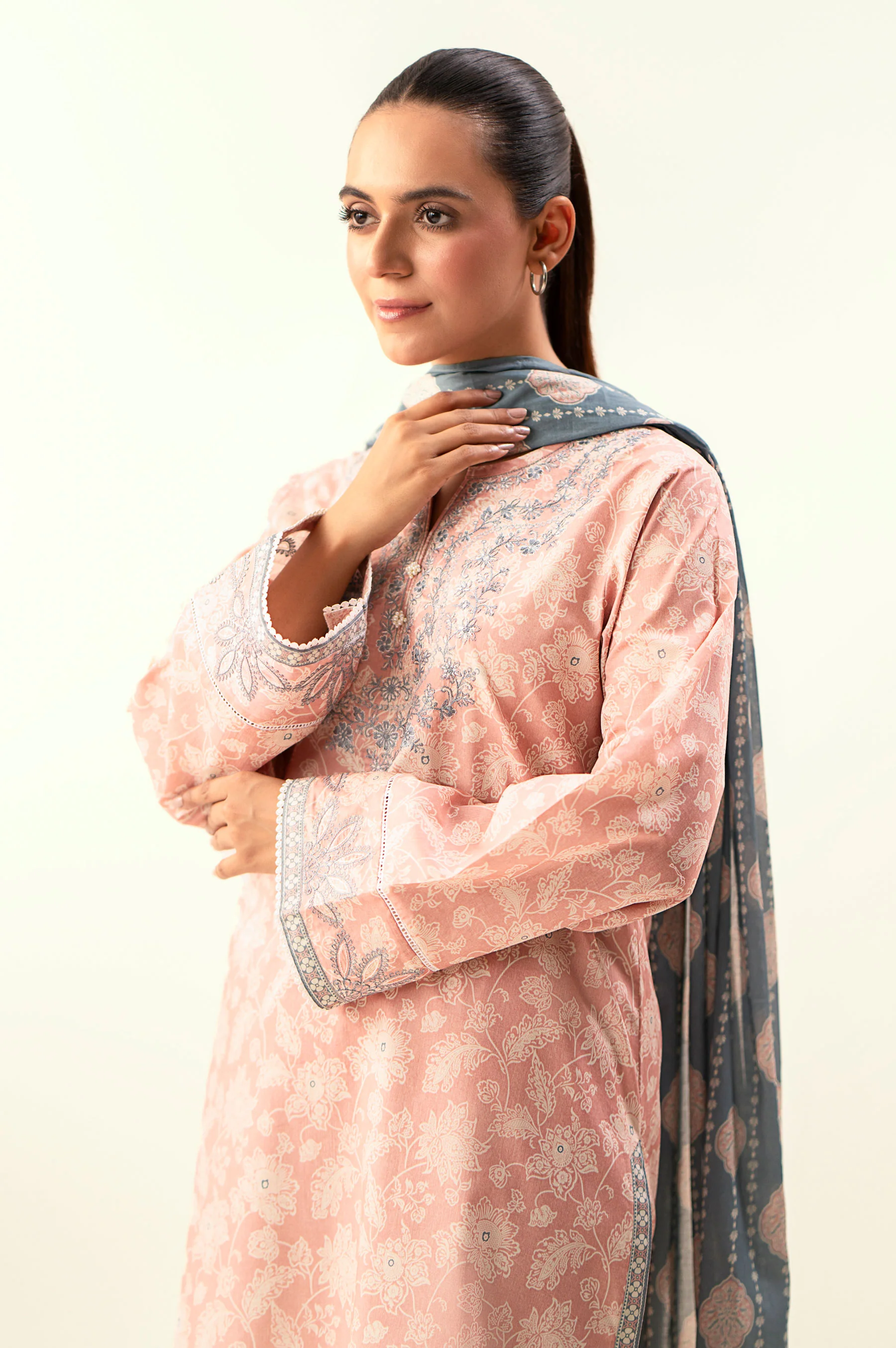 Stitched 3 Piece Embroidered Lawn Suit with Dyed Cambric Bottom - Image 2