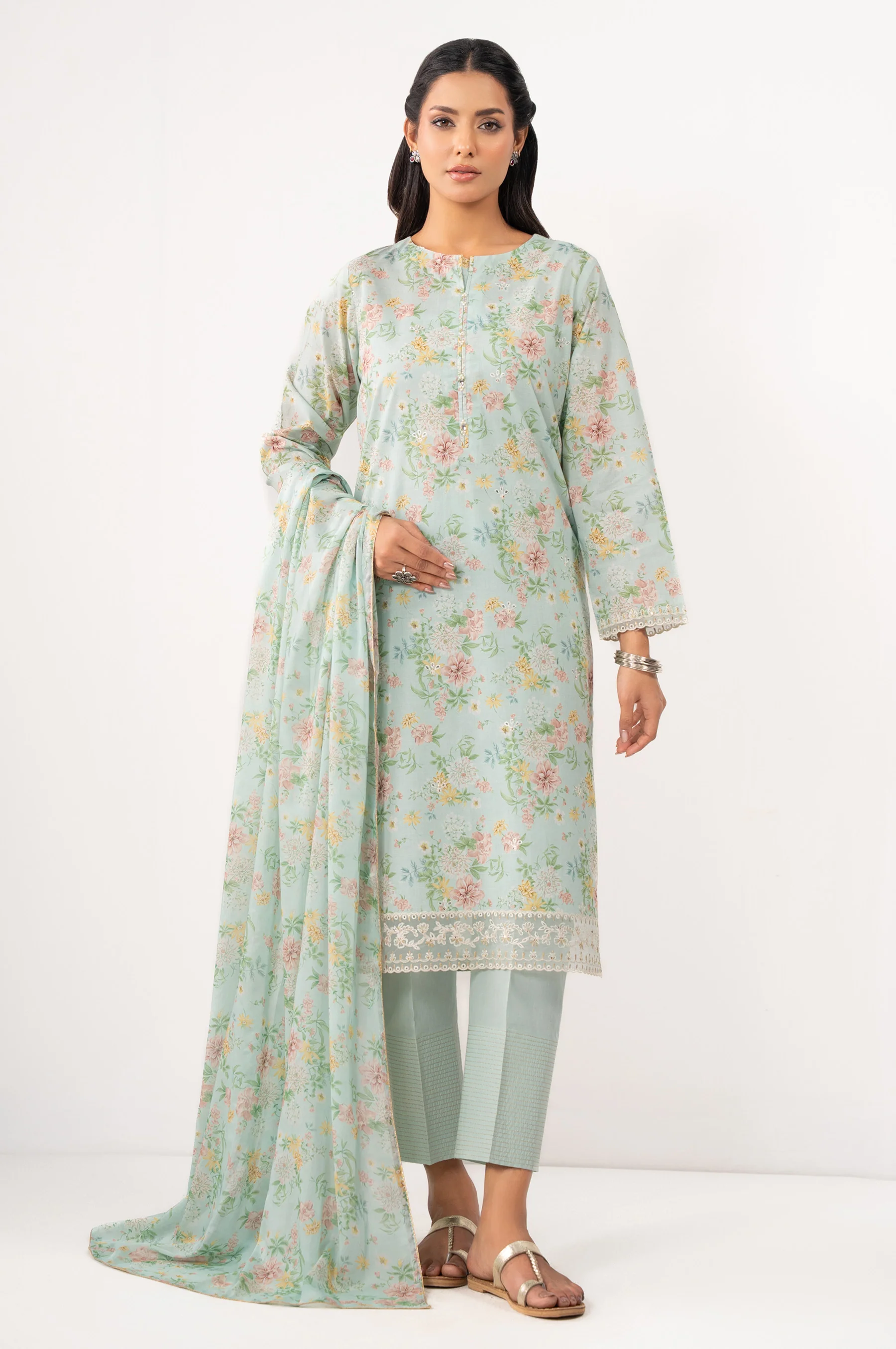 STITCHED EMBROIDERED SLUB LAWN SUIT