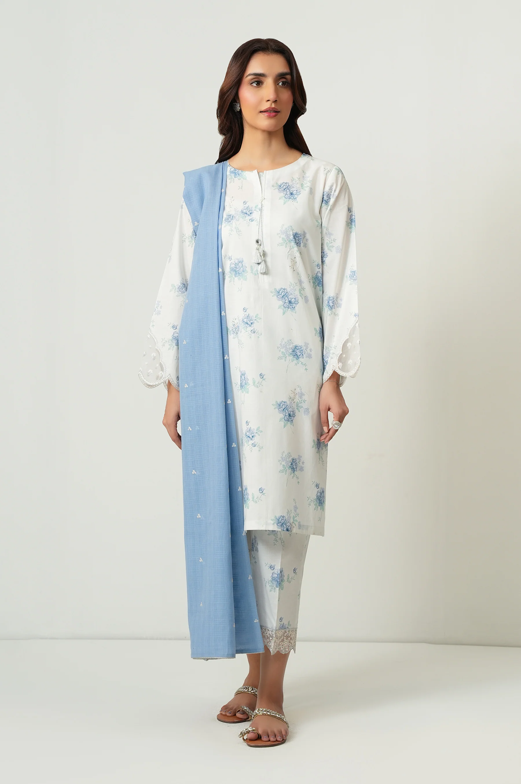 STITCHED PRINTED SLUB LAWN SUIT