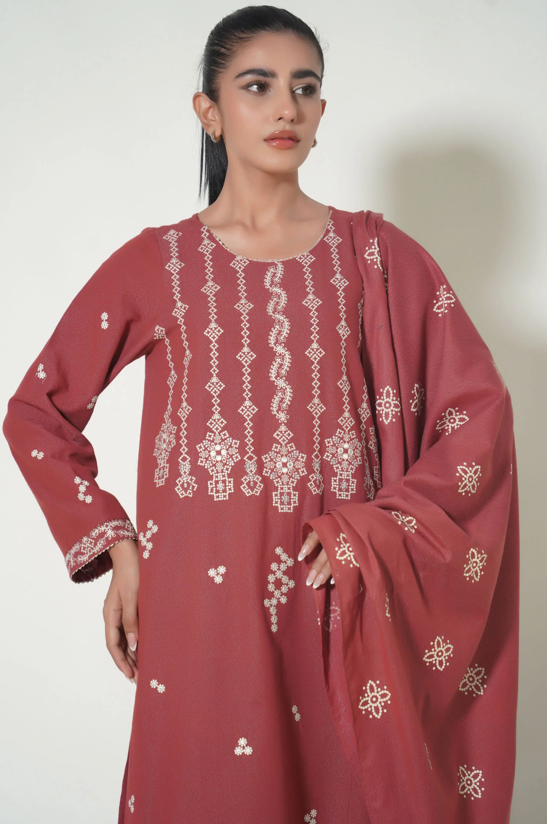 Stitched 3 Piece Printed Karandi Suit - Image 2