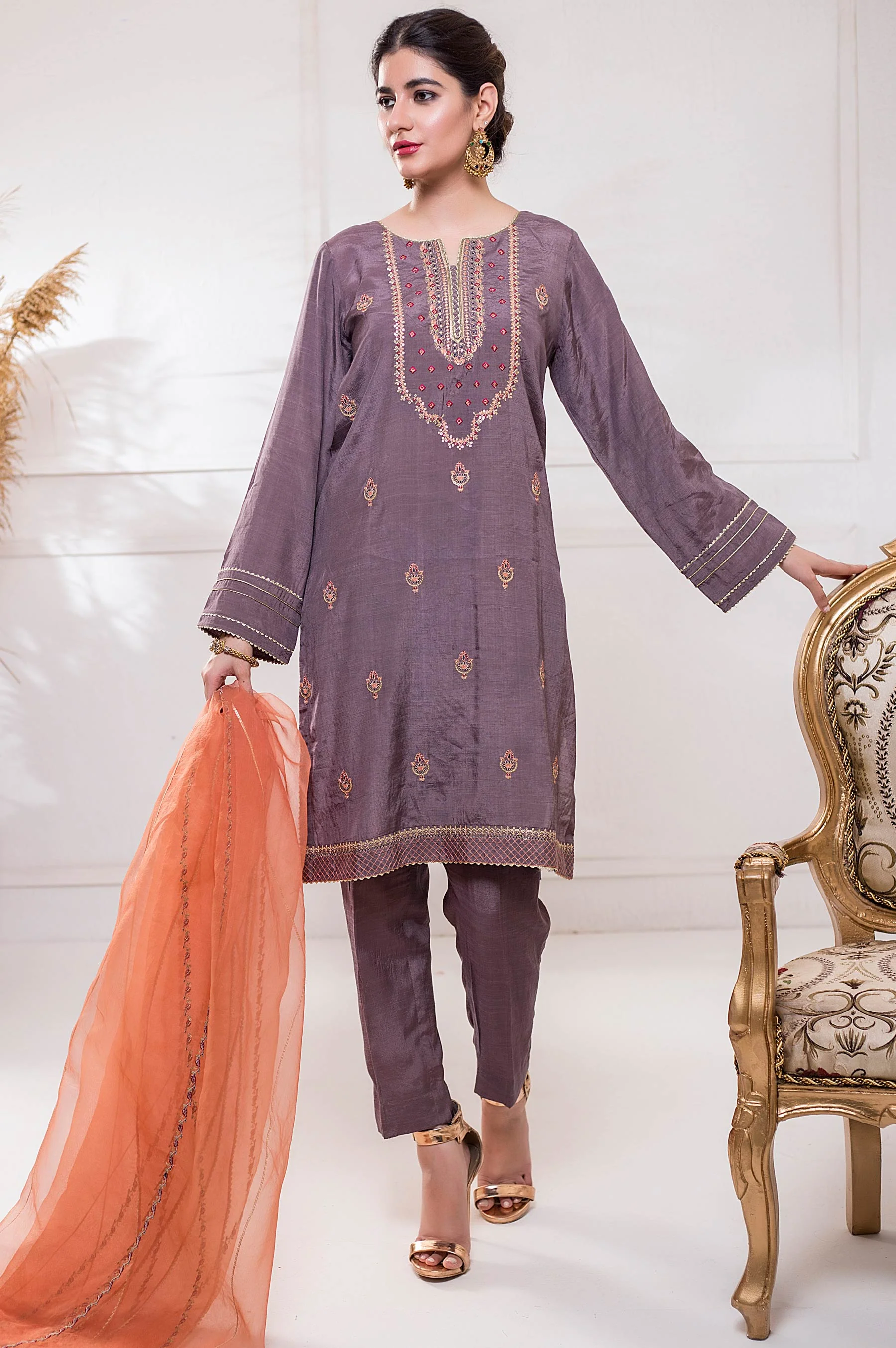 Stitched 3 Piece Raw Silk Embroidered Suit - Image 2
