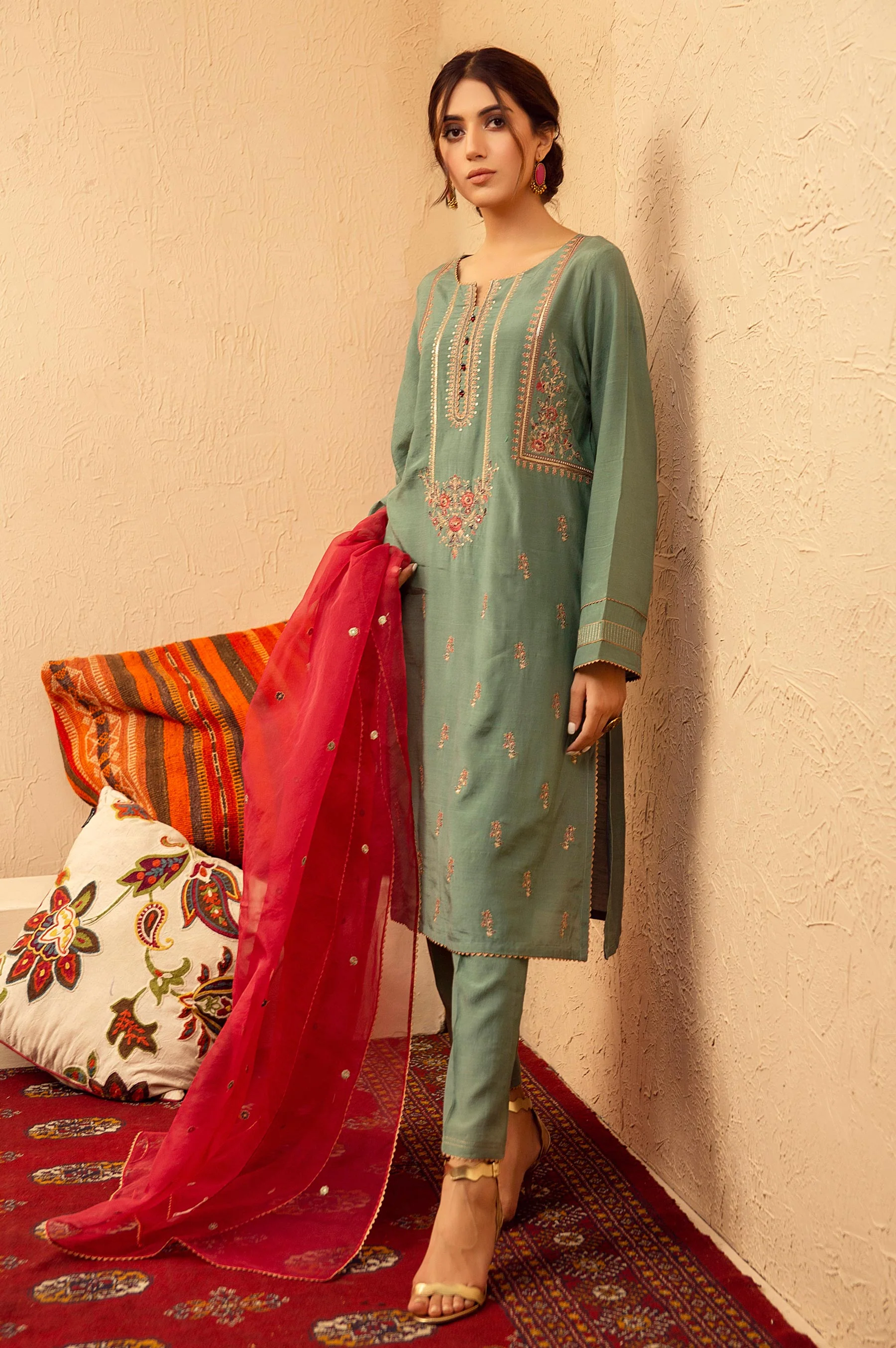 Stitched 3 Piece Raw Silk Embroidered Suit - Image 2