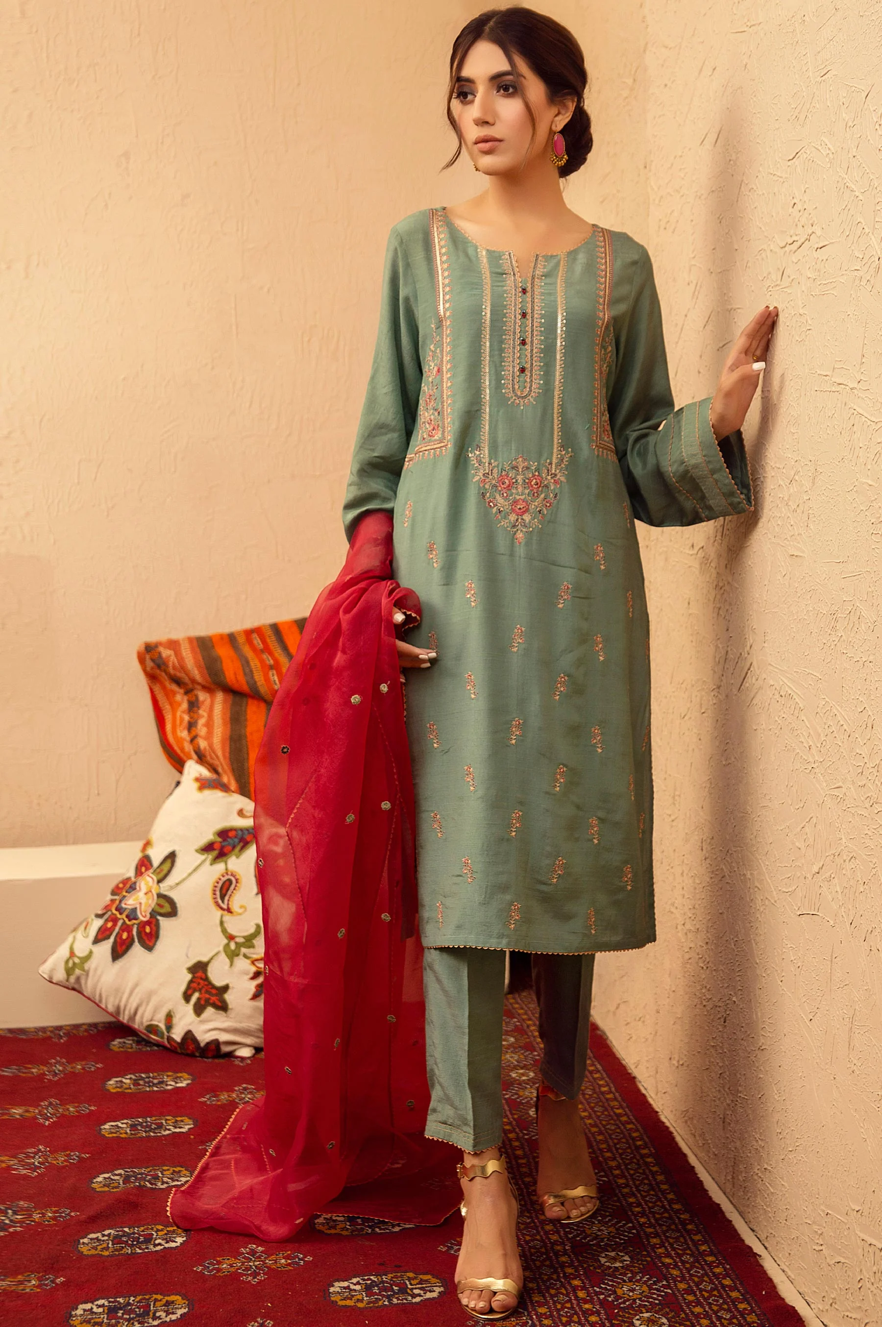 Stitched 3 Piece Raw Silk Embroidered Suit - Image 4
