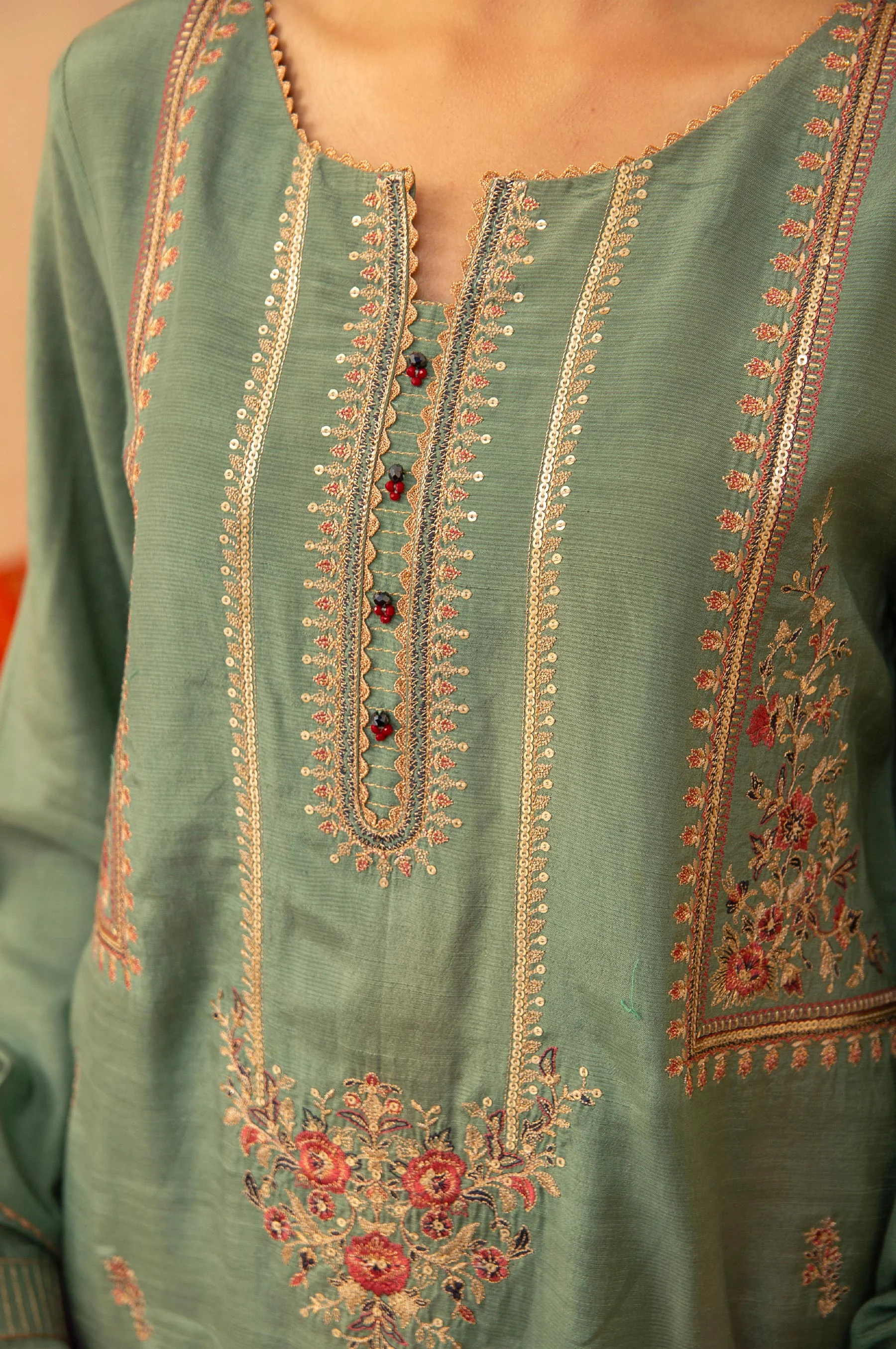Stitched 3 Piece Raw Silk Embroidered Suit - Image 5