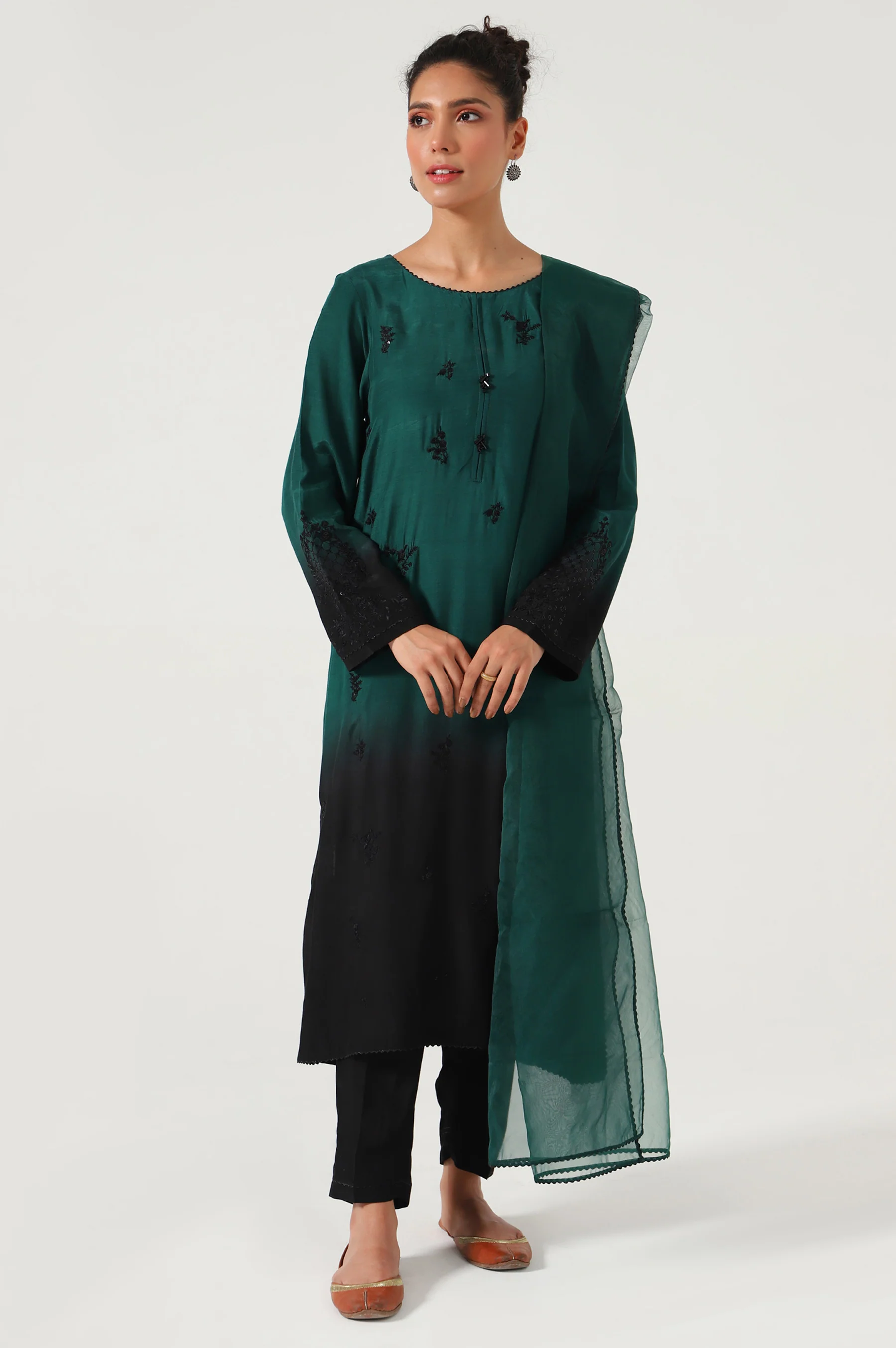 Stitched 3 Piece Embroidered Raw Silk Outfit - Image 4