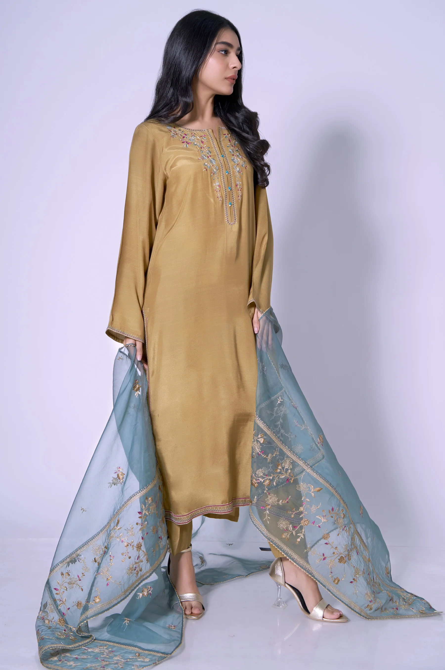 Stitched 3 Piece Embroidered Rawsilk Outfit - Image 3