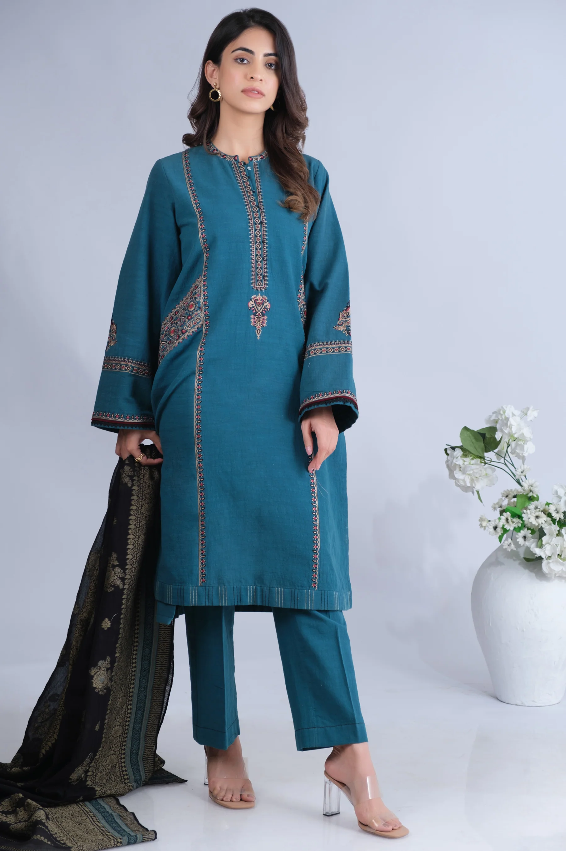 Stitched 3 Piece Textured Slub Lawn Suit - Image 2