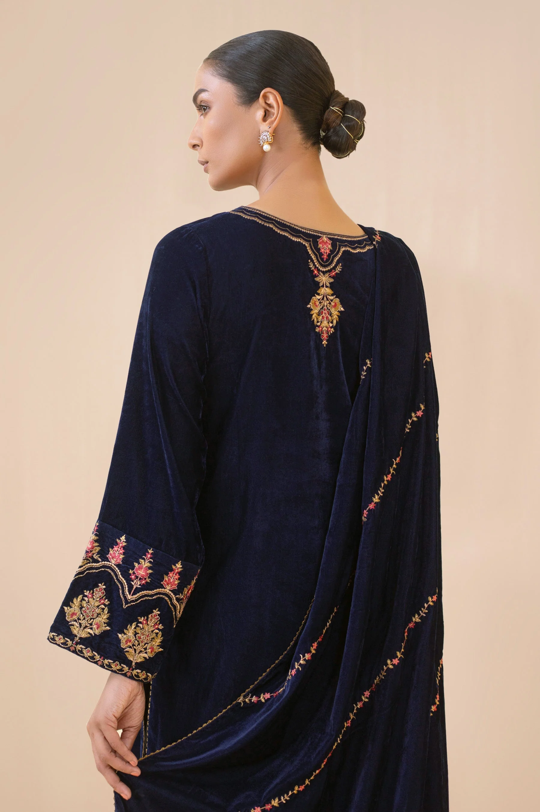 Stitched 3 Piece Embroidered Velvet Suit - Blue - Image 4