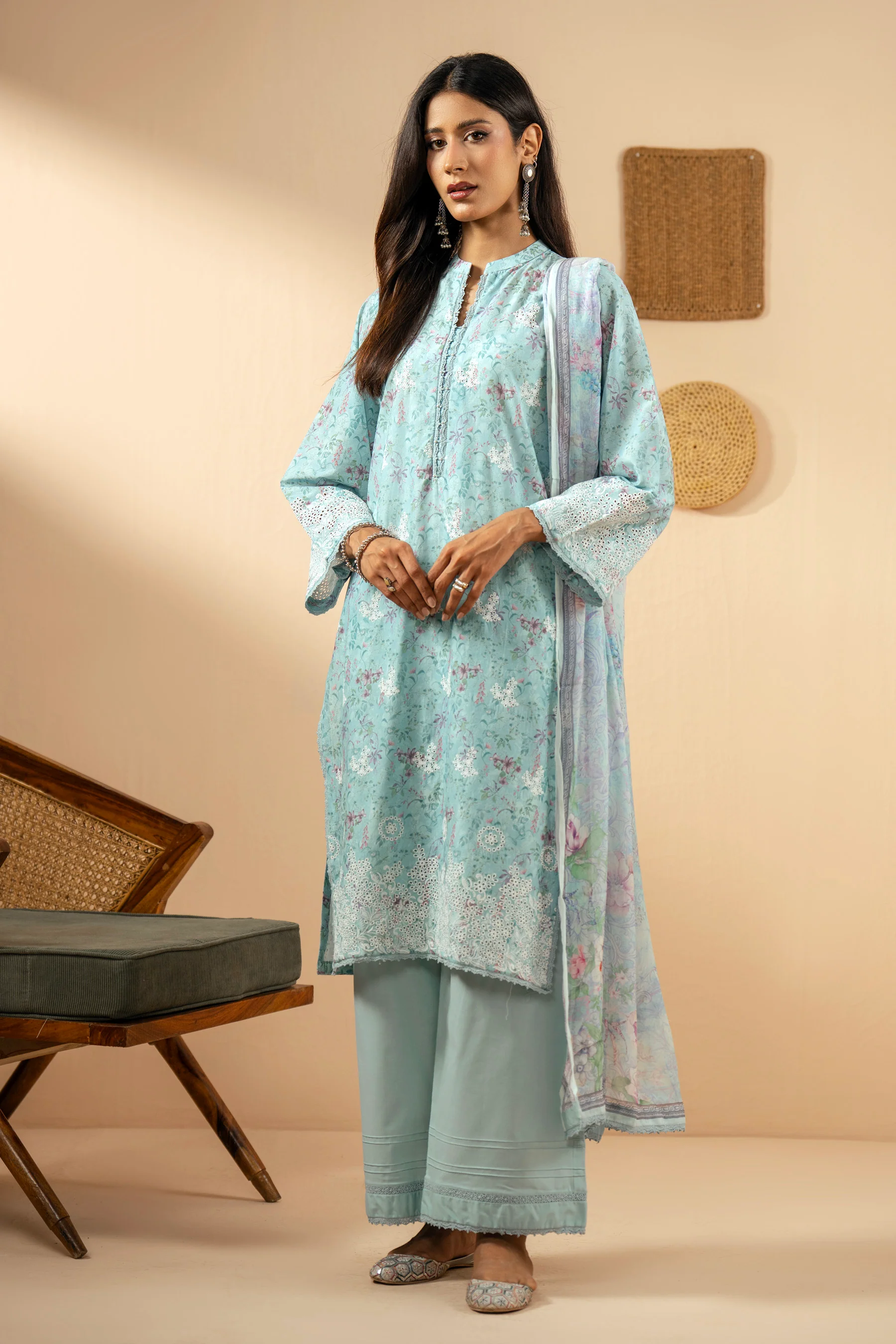 STITCHED EMBROIDERED CHIKANKARI LAWN SUIT - Image 4