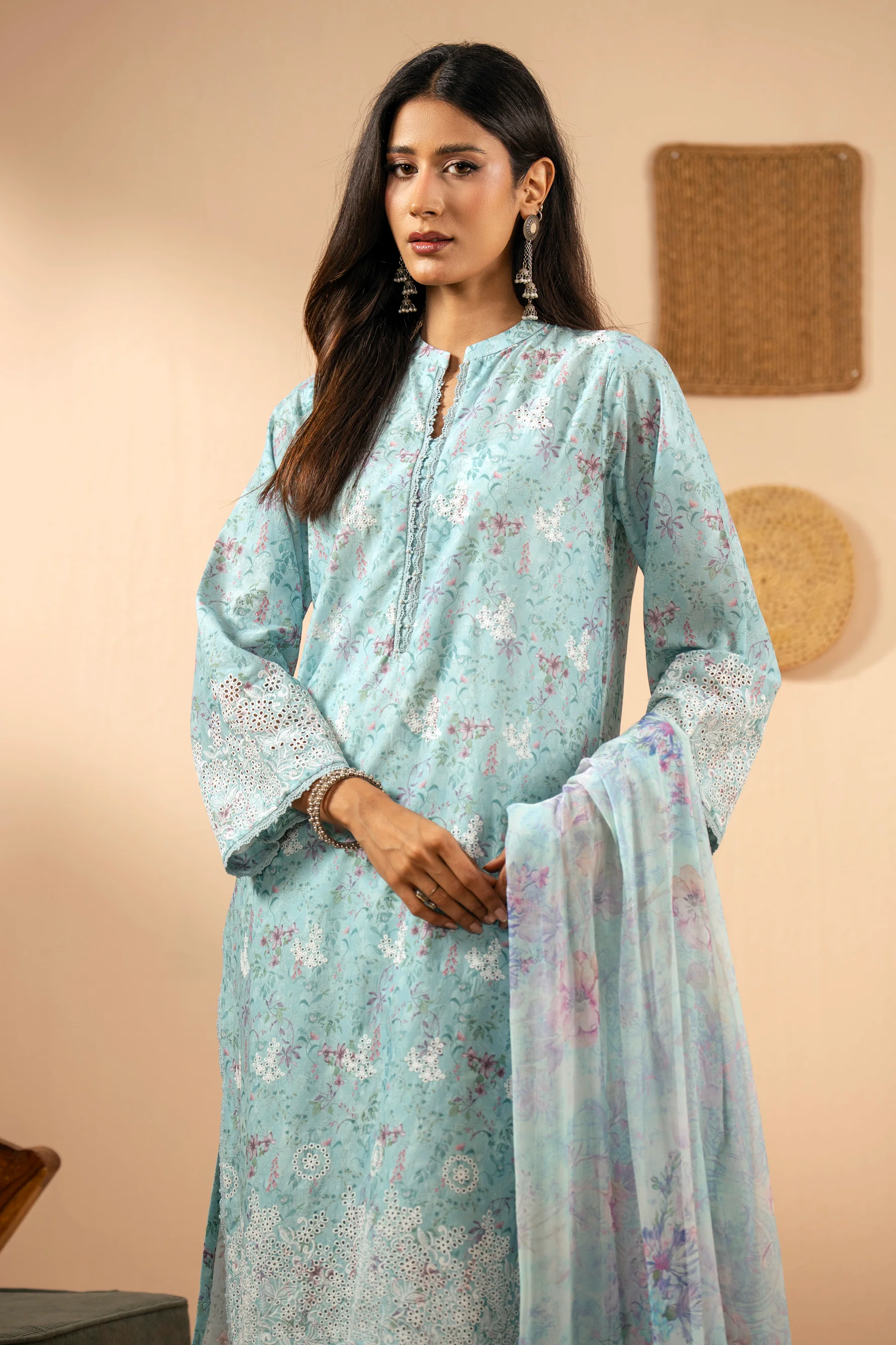 STITCHED EMBROIDERED CHIKANKARI LAWN SUIT - Image 7