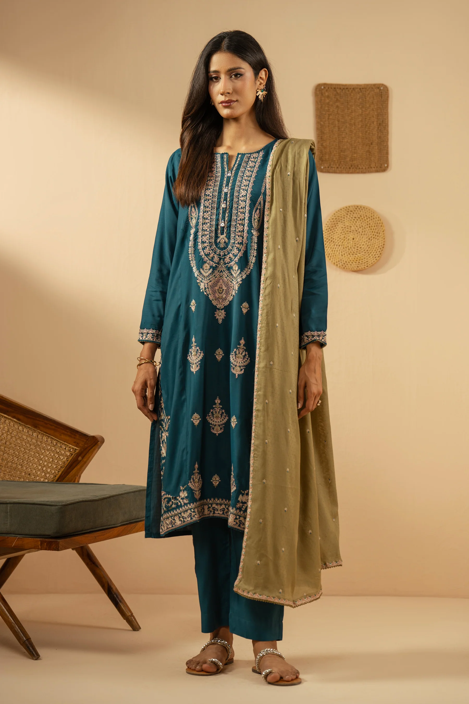 EMBROIDERED RAW SILK STITCHED 3 PIECE SUIT