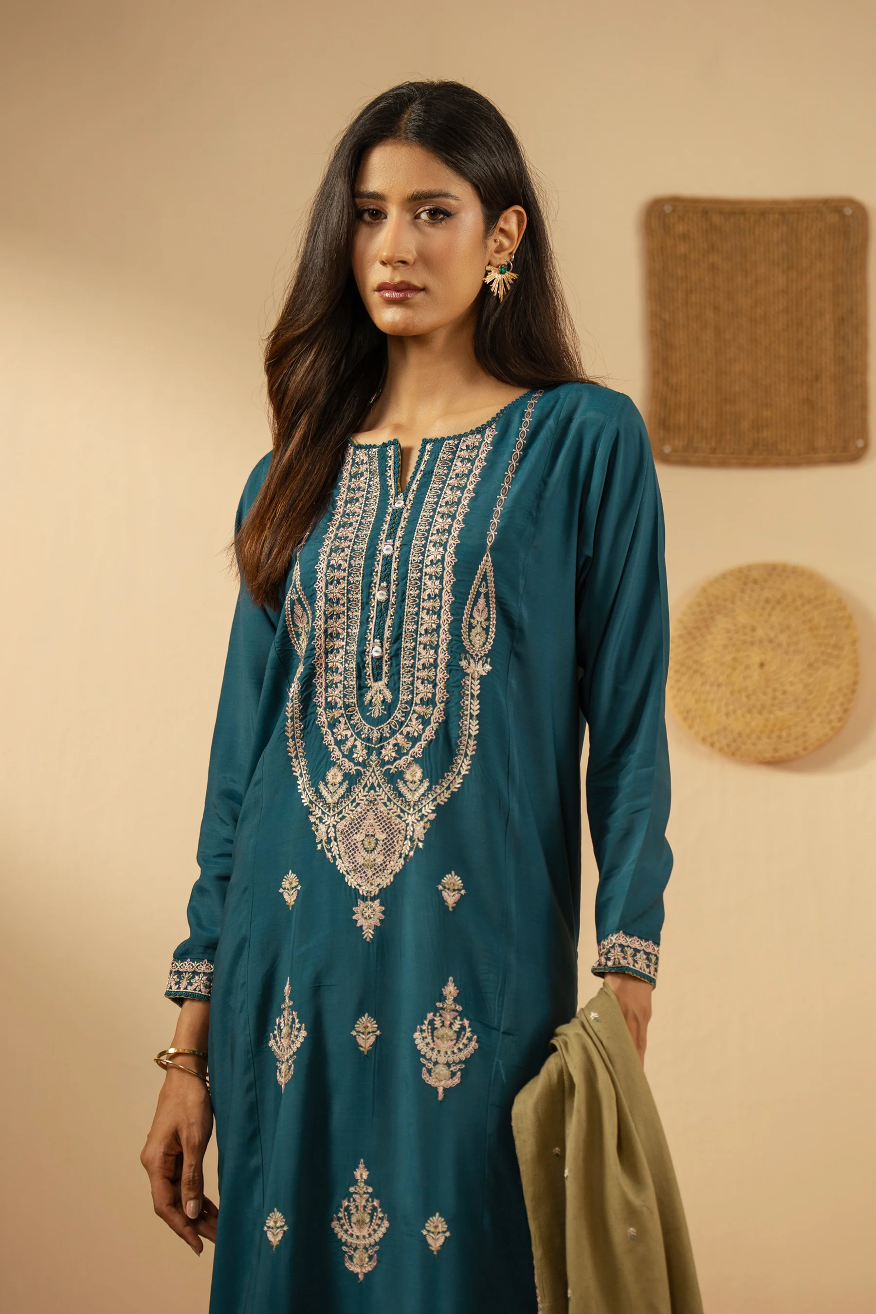 EMBROIDERED RAW SILK STITCHED 3 PIECE SUIT - Image 3