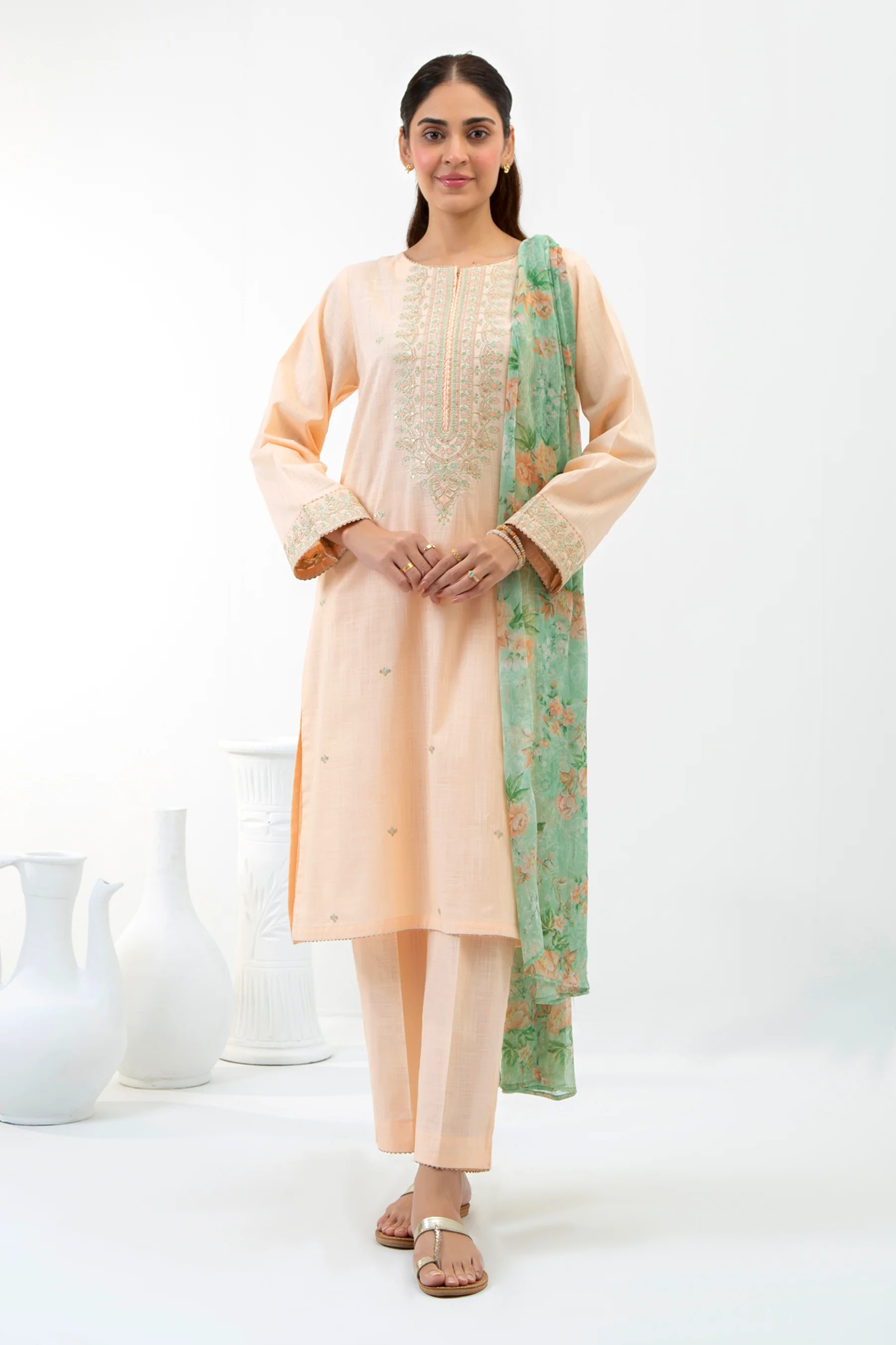 EMBROIDERED BOTH SIDE SLUB STITCHED 3 PIECE SUIT