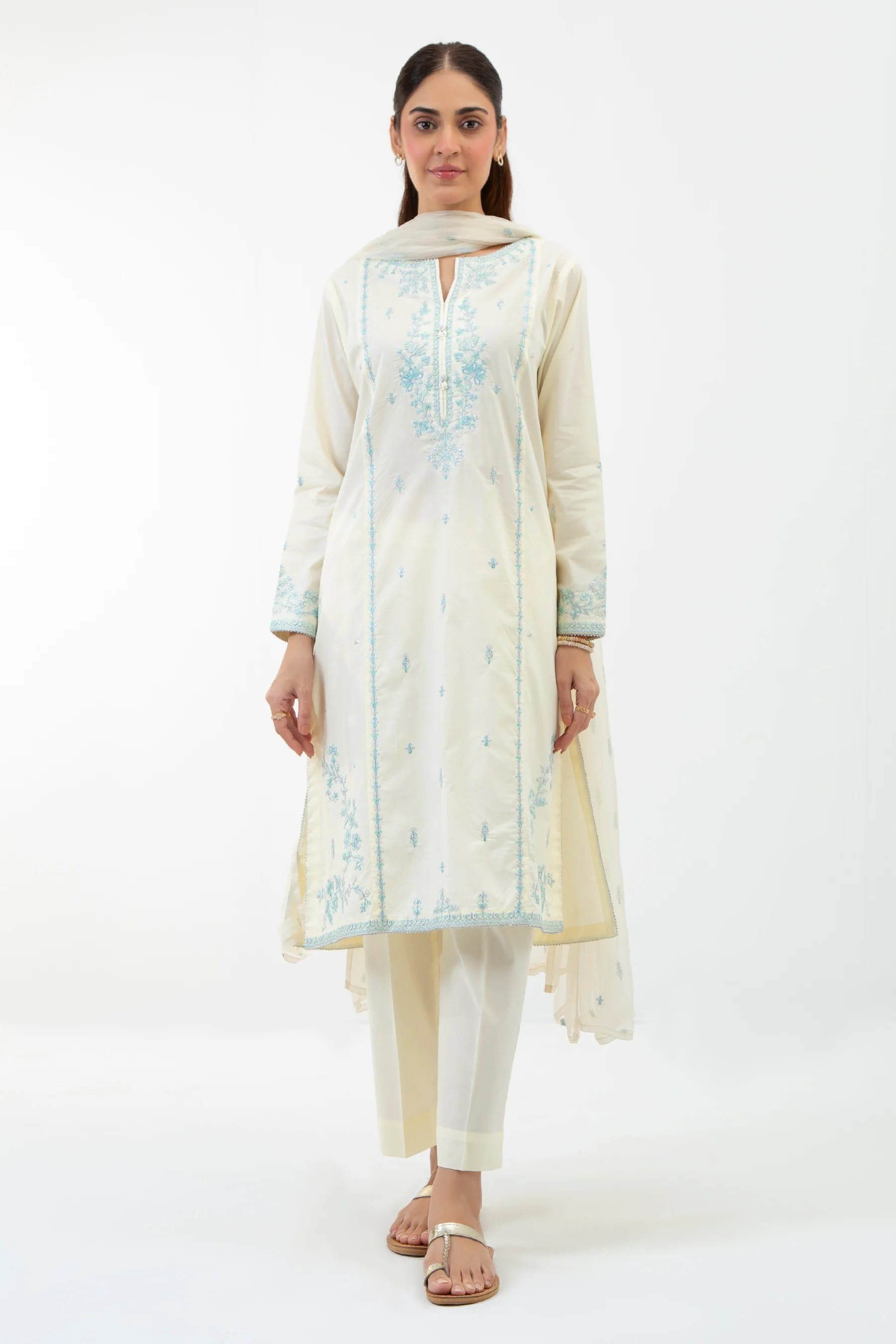 EMBROIDERED CAMBRIC STITCHED 3 PIECE SUIT