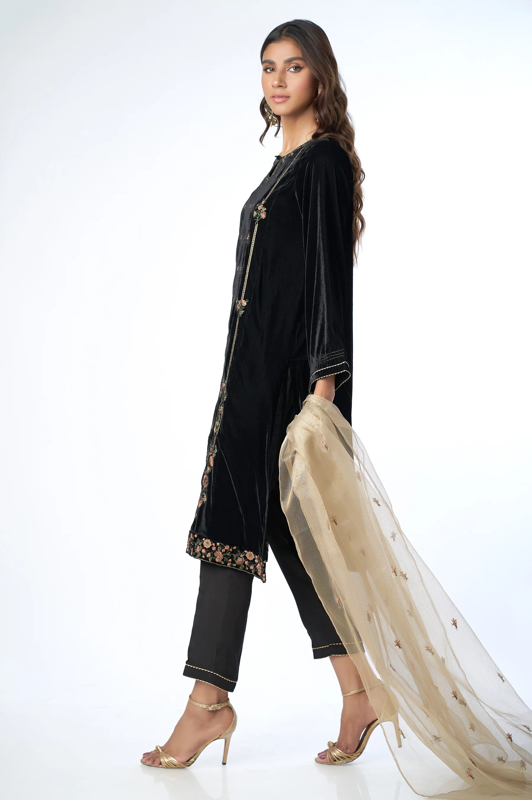 Stitched 3 Piece Velvet Embroidered Suit - Image 2