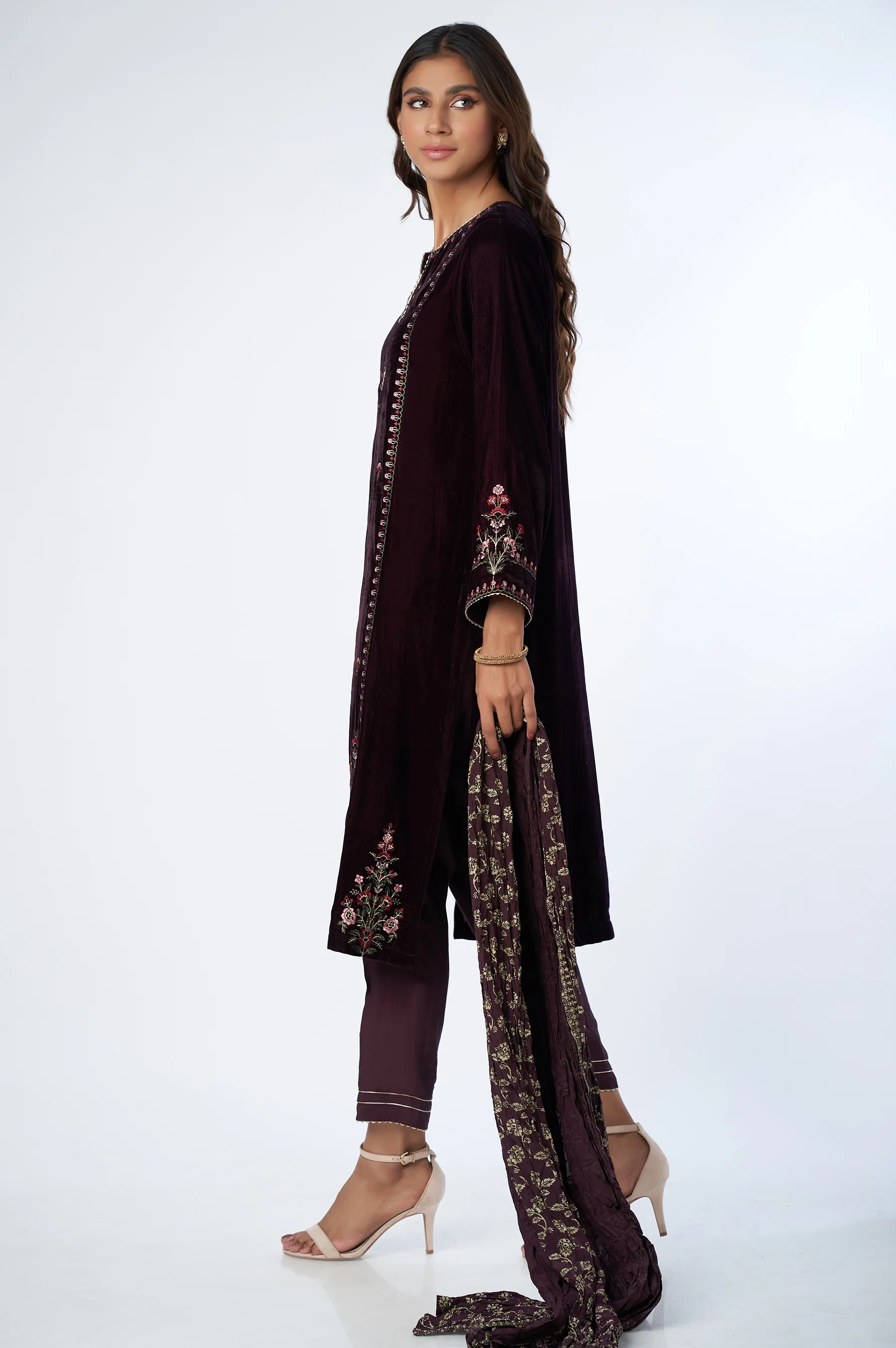 Stitched 3 Piece Velvet Embroidered Suit - Image 2