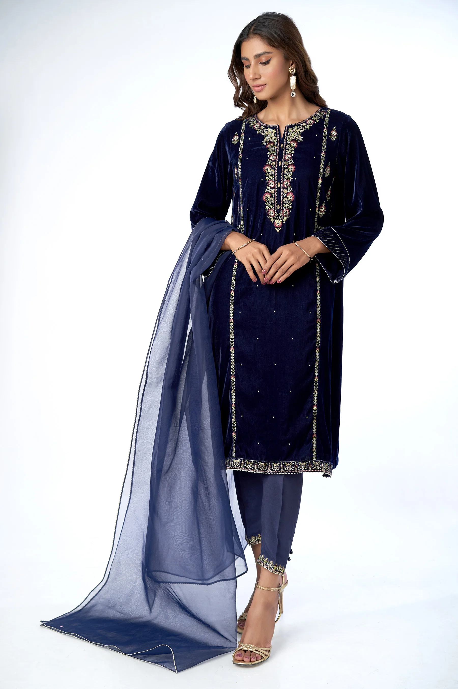 Stitched 3 Piece Velvet Embroidered Suit - Image 4