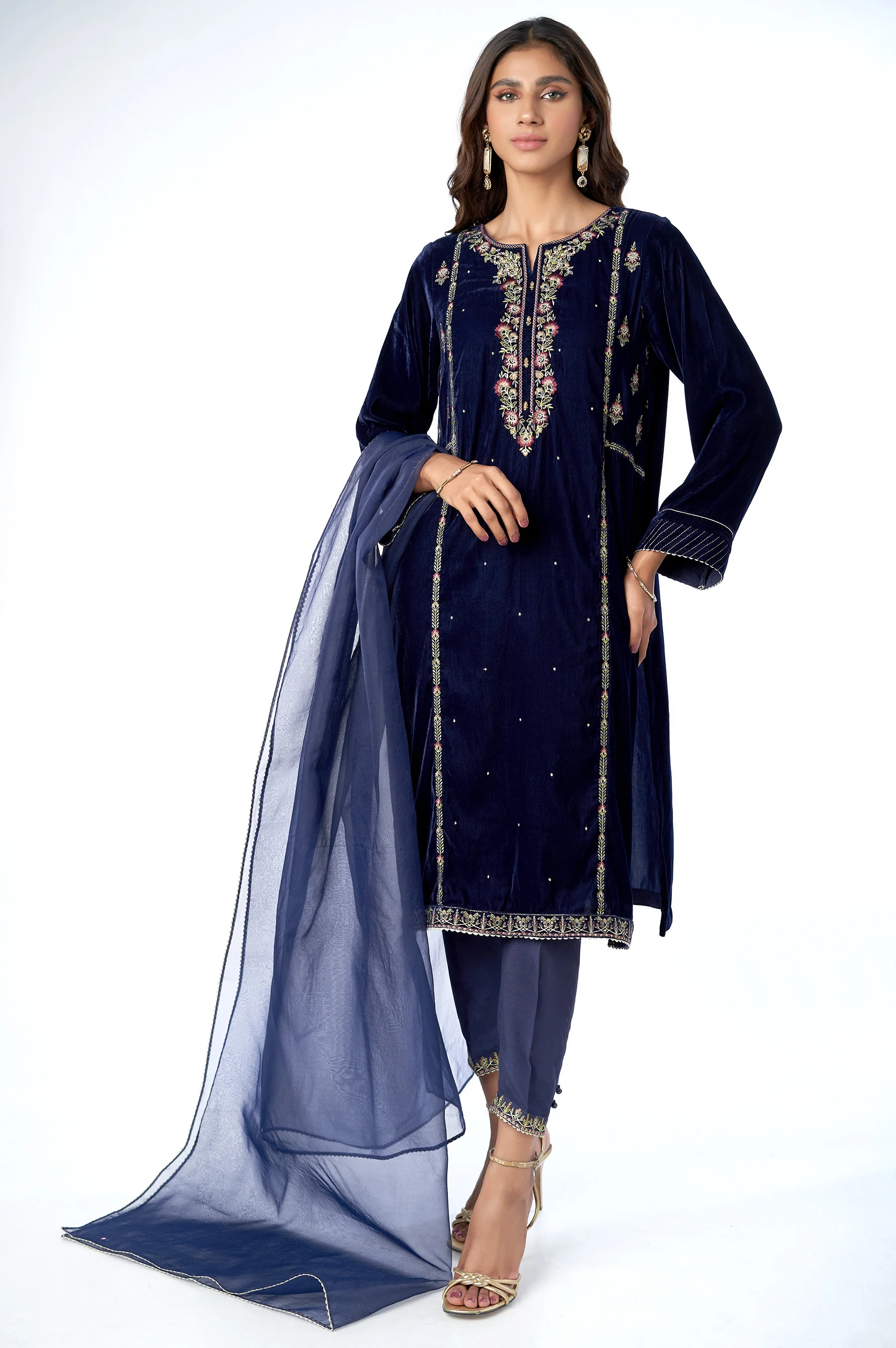 Stitched 3 Piece Velvet Embroidered Suit - Image 5
