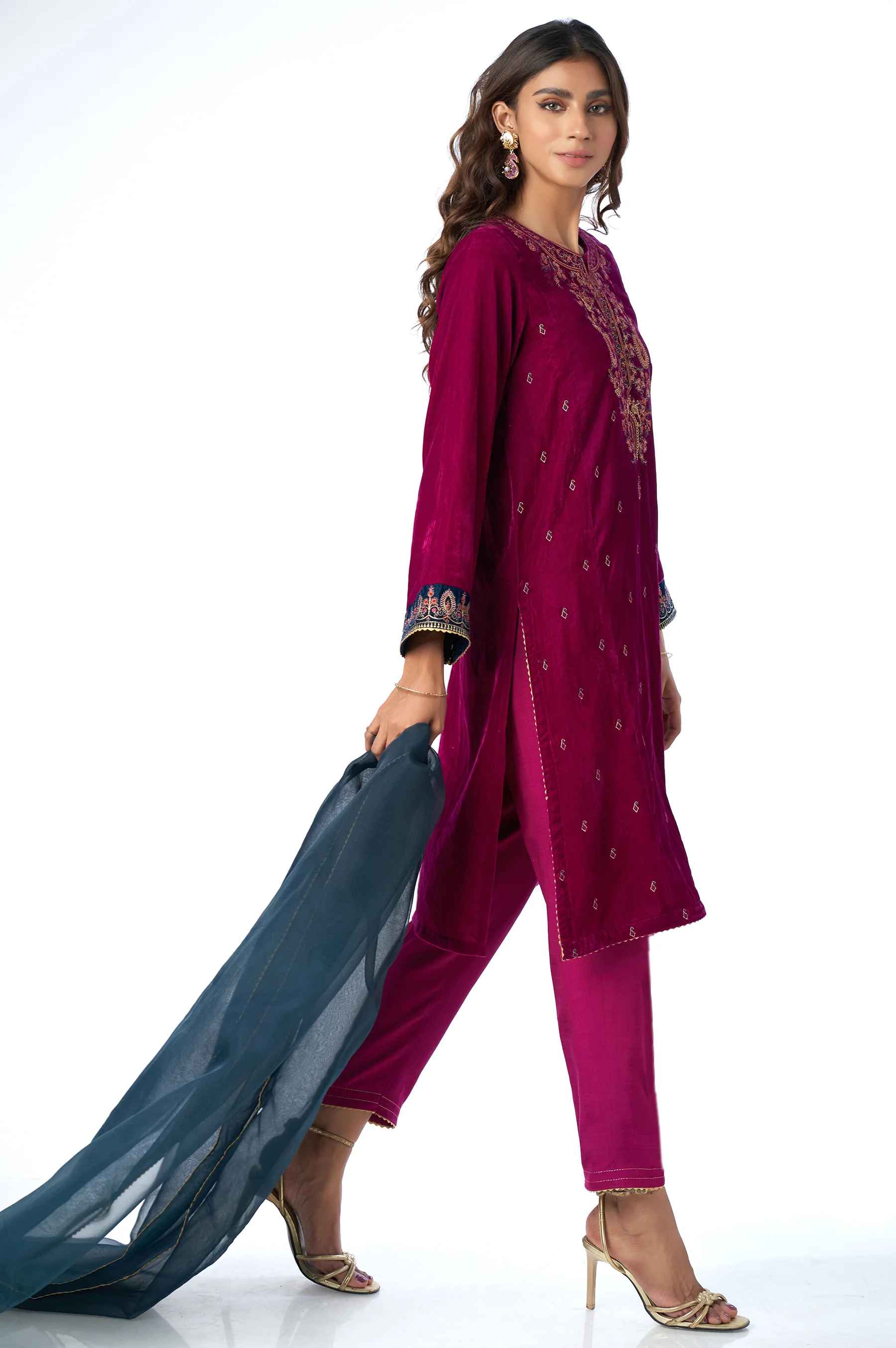 Stitched 3 Piece Velvet Embroidered Suit - Image 2