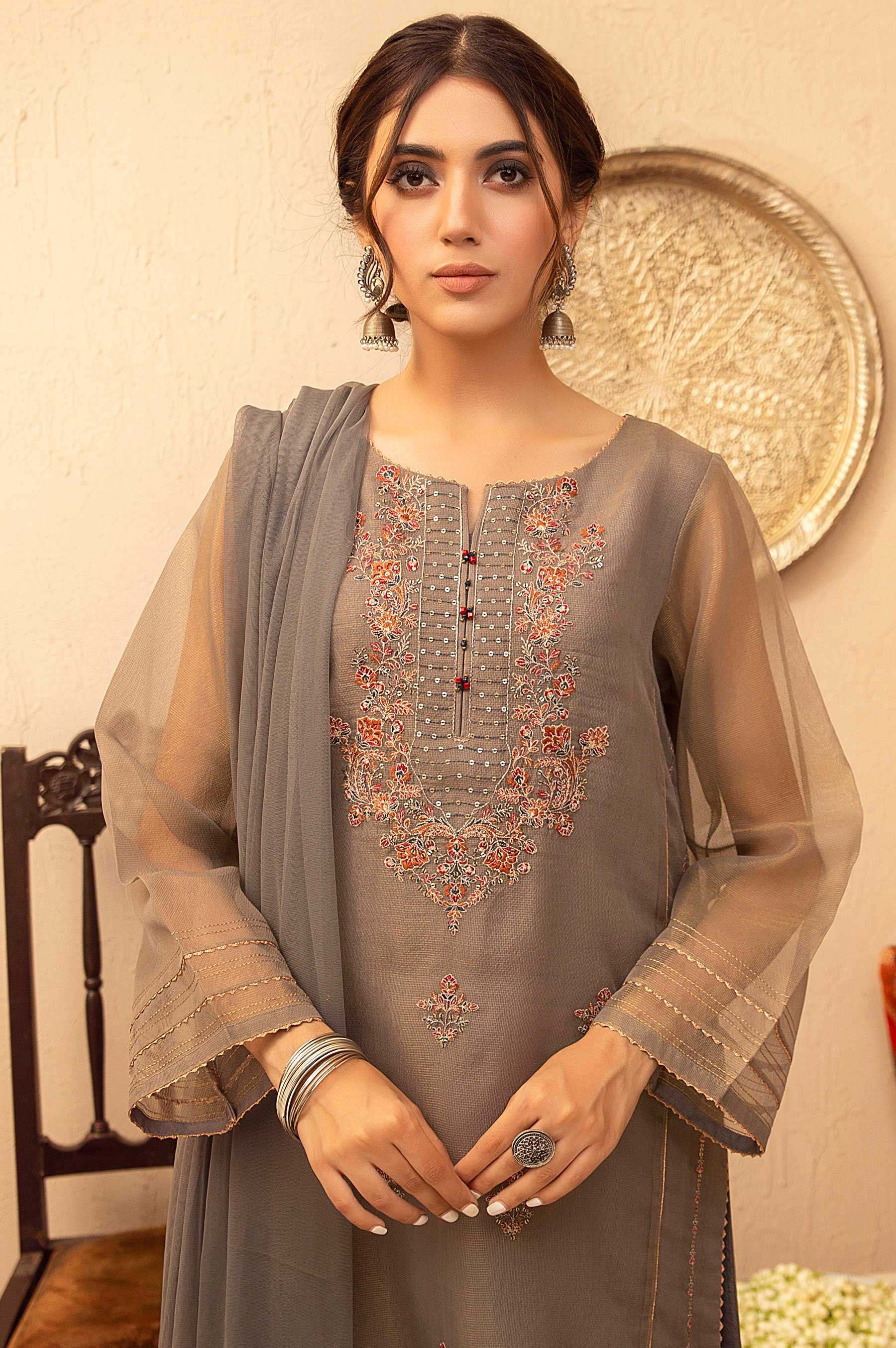 Stitched 3 Piece Zari Net Embroidered Suit - Image 4