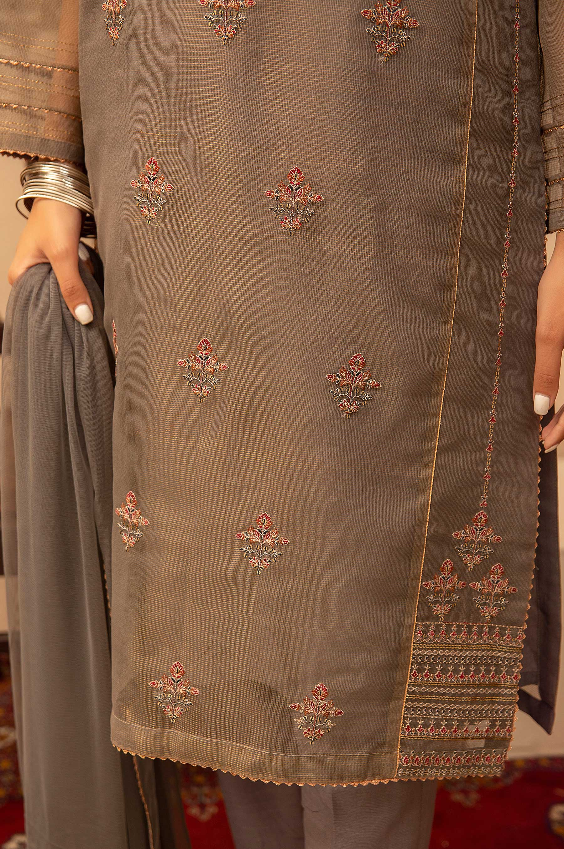 Stitched 3 Piece Zari Net Embroidered Suit - Image 5