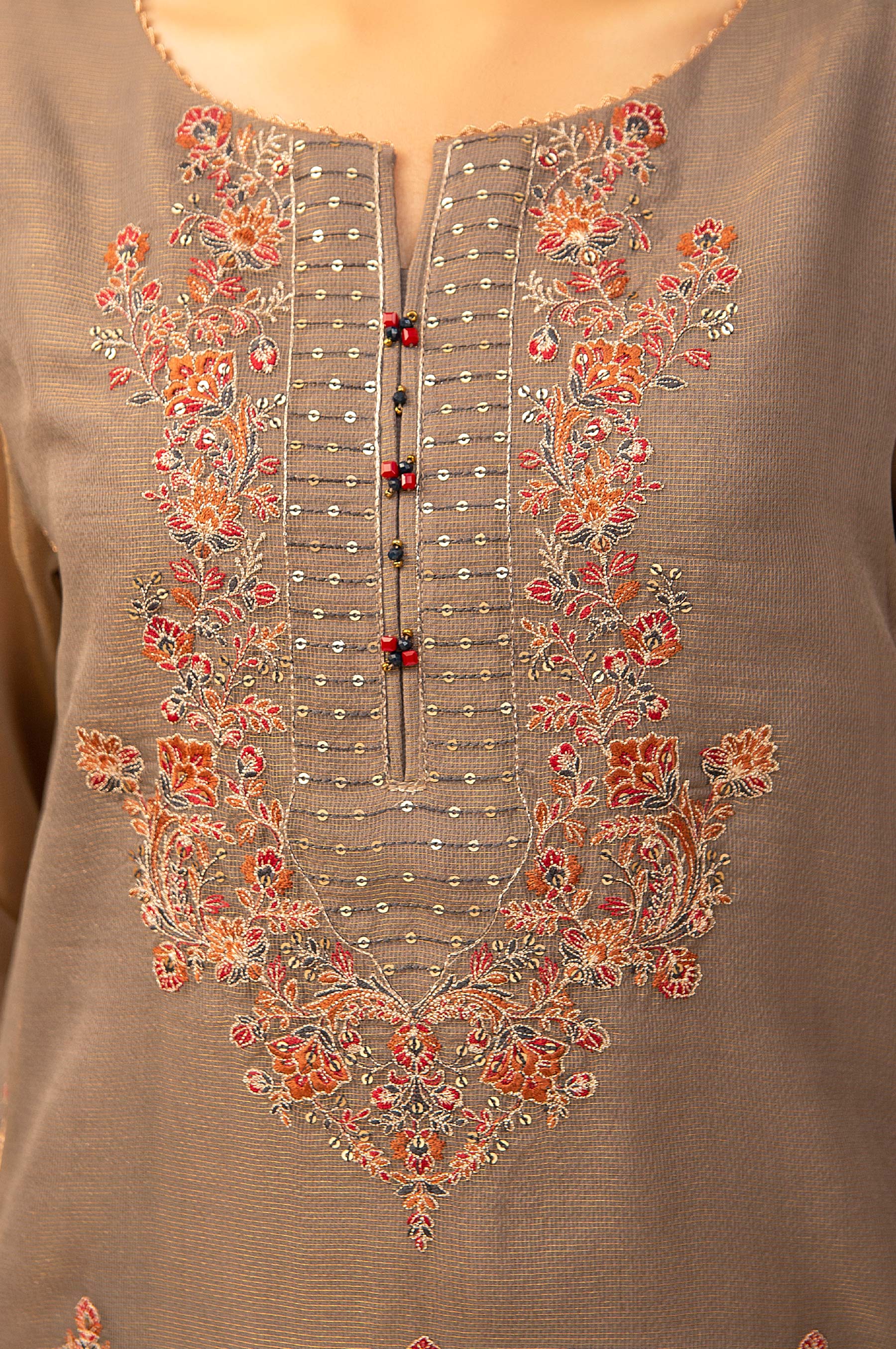 Stitched 3 Piece Zari Net Embroidered Suit - Image 6