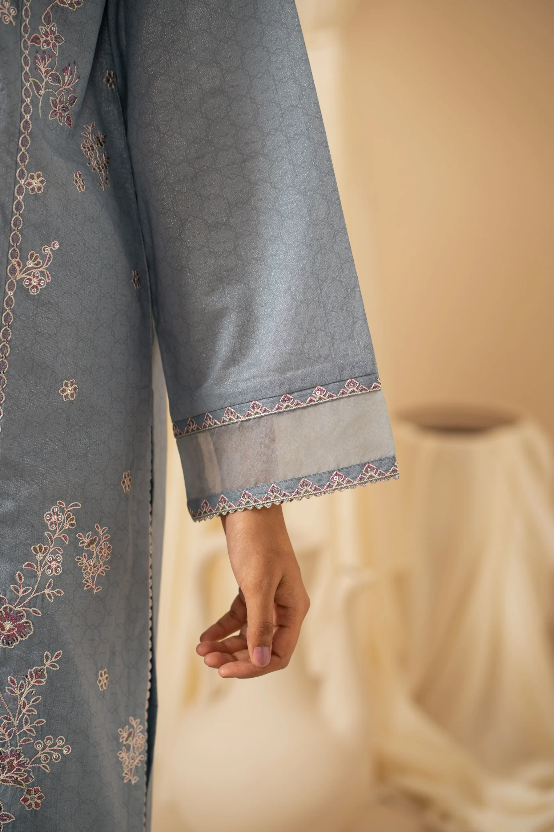 STITCHED EMBROIDERED CAMBRIC ZARI SUIT - Image 5
