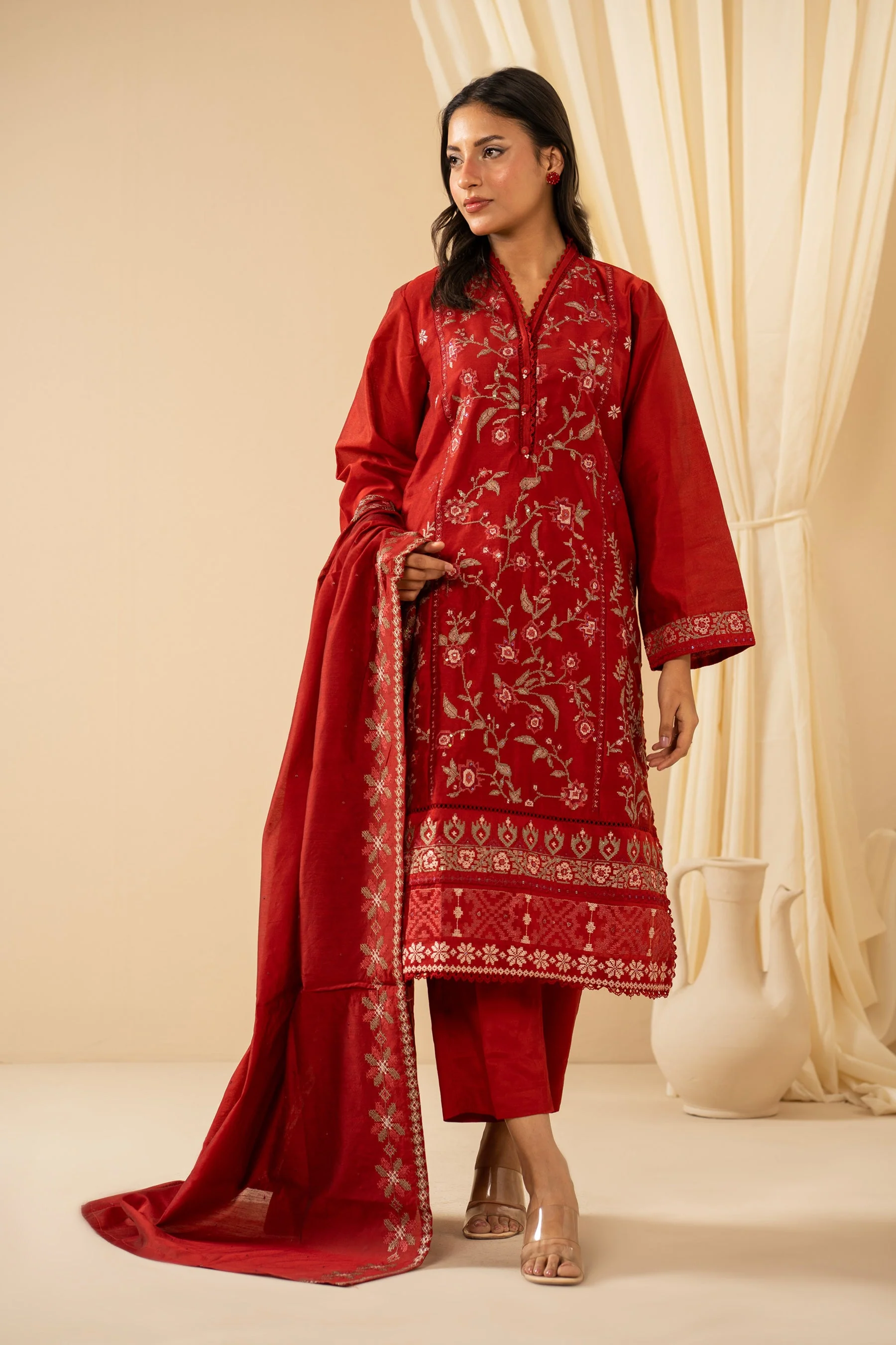 STITCHED EMBROIDERED COTTON NET 3 PIECE SUIT (FACTORY E-OUTLET)