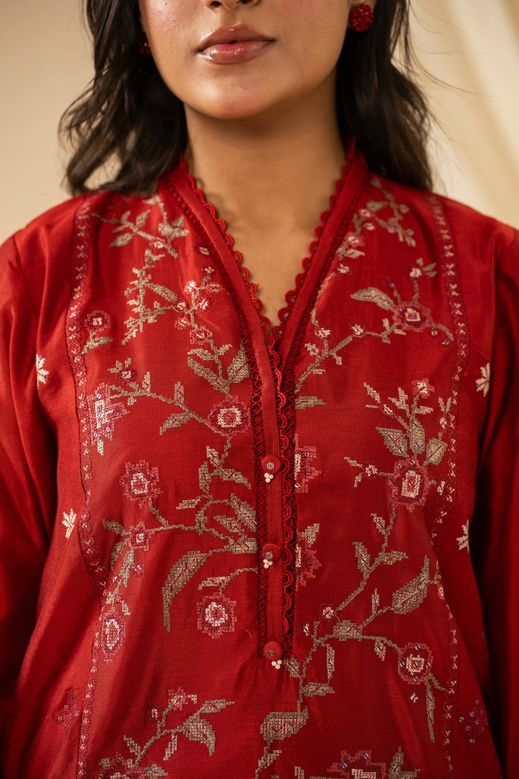 STITCHED EMBROIDERED COTTON NET 3 PIECE SUIT (FACTORY E-OUTLET) - Image 2