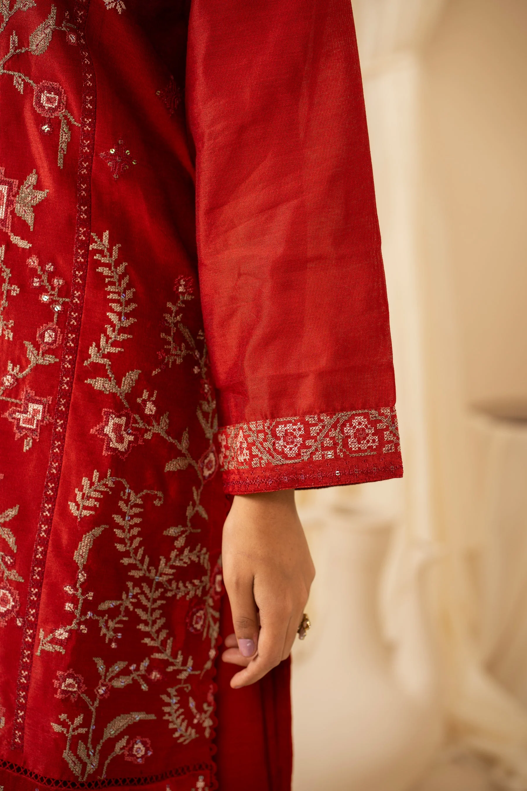 STITCHED EMBROIDERED COTTON NET 3 PIECE SUIT (FACTORY E-OUTLET) - Image 5