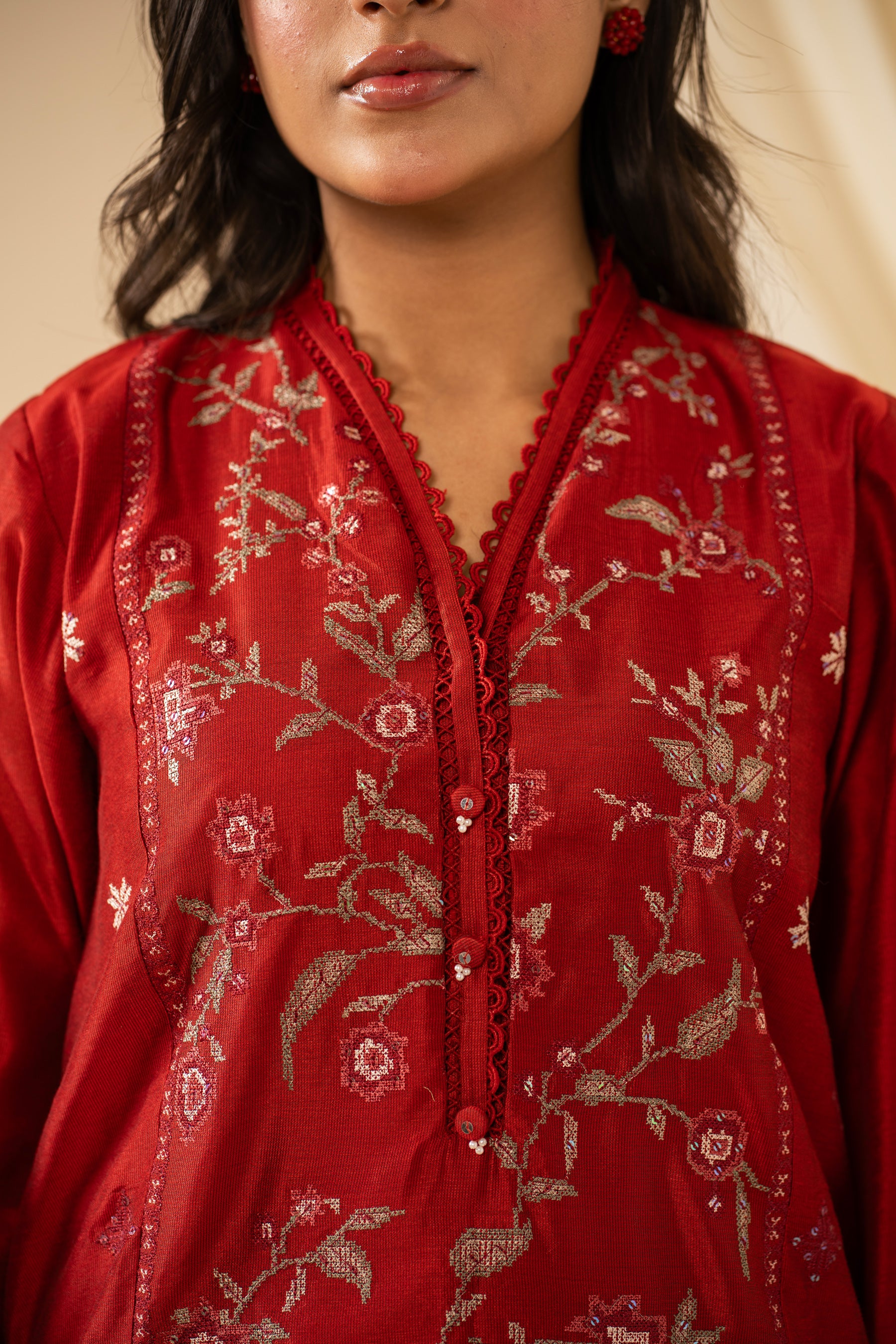 STITCHED EMBROIDERED COTTON NET 3 PIECE SUIT - Image 2