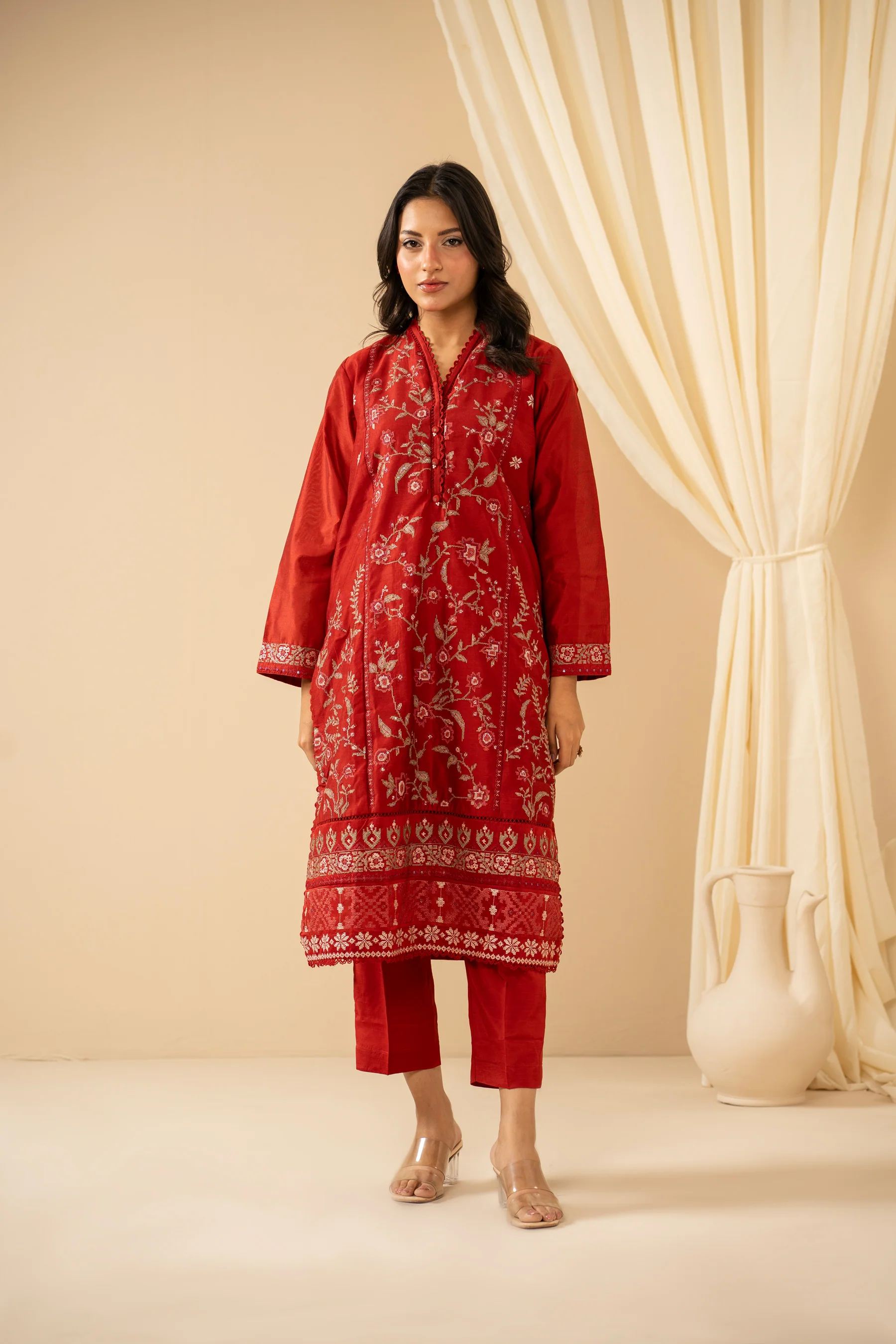 STITCHED EMBROIDERED COTTON NET 3 PIECE SUIT - Image 4
