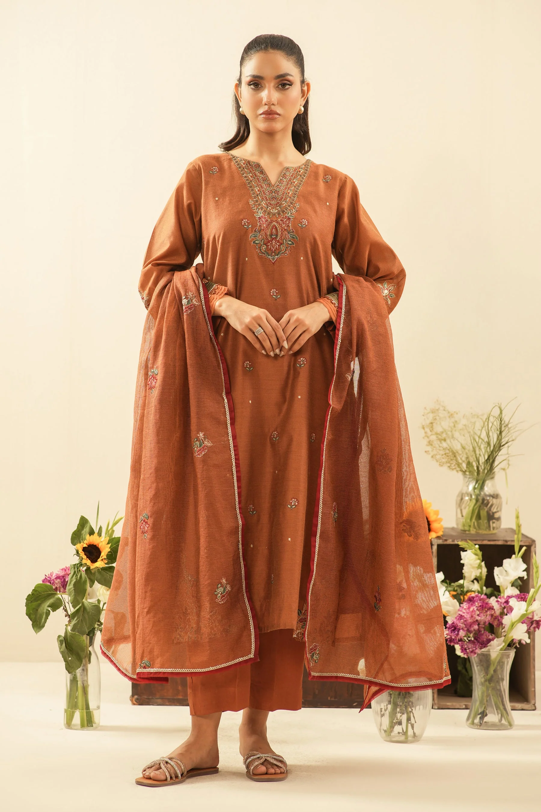 STITCHED EMBROIDERED COTTON NET SUIT (FACTORY E-OUTLET)
