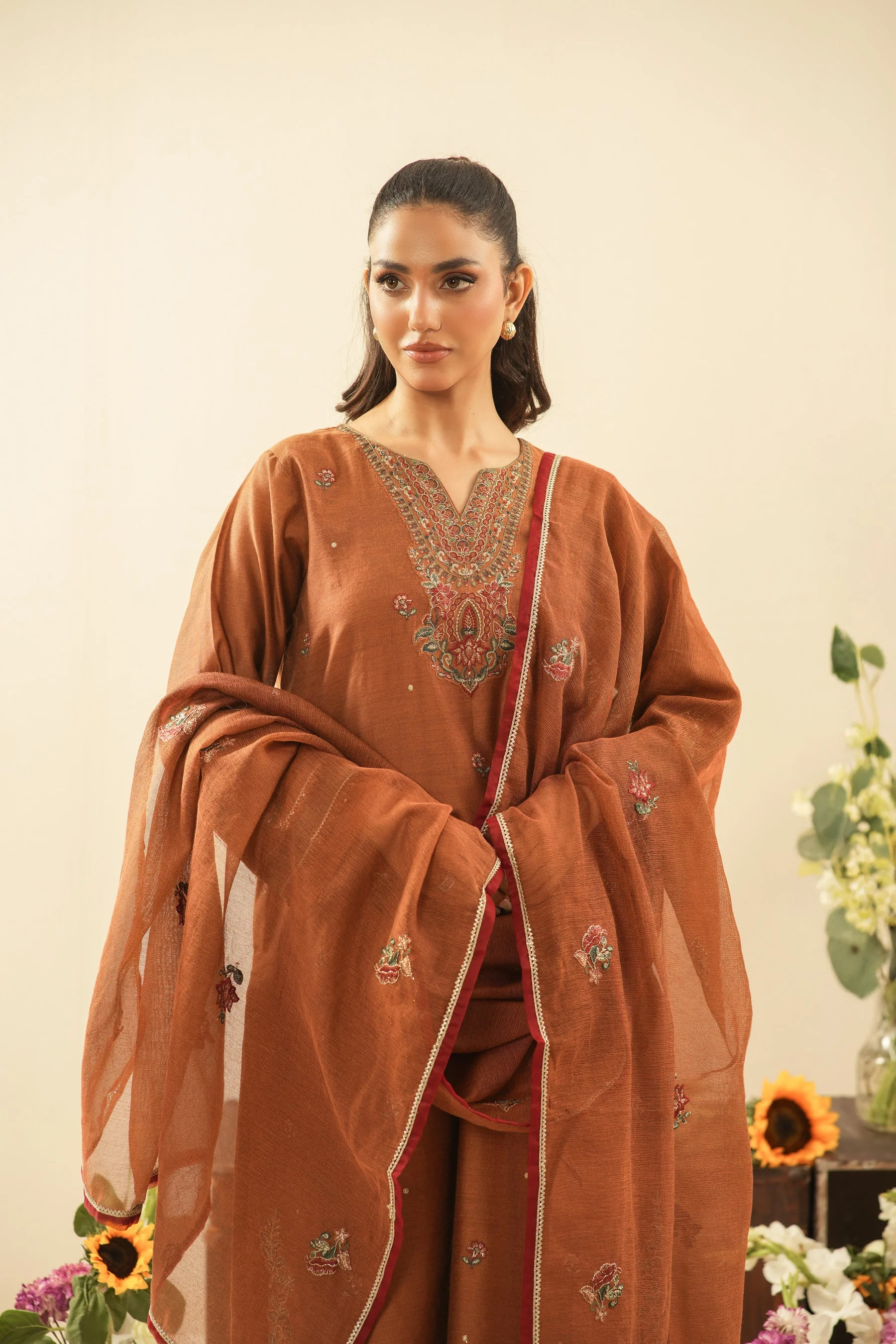 STITCHED EMBROIDERED COTTON NET SUIT (FACTORY E-OUTLET) - Image 5