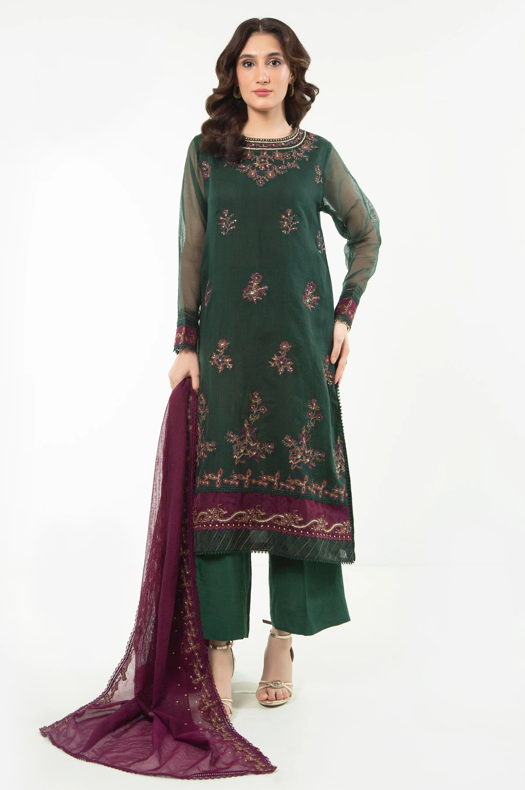 EMBROIDERED KHADDI NET UNSTITCHED 3 PIECE SUIT - Image 4