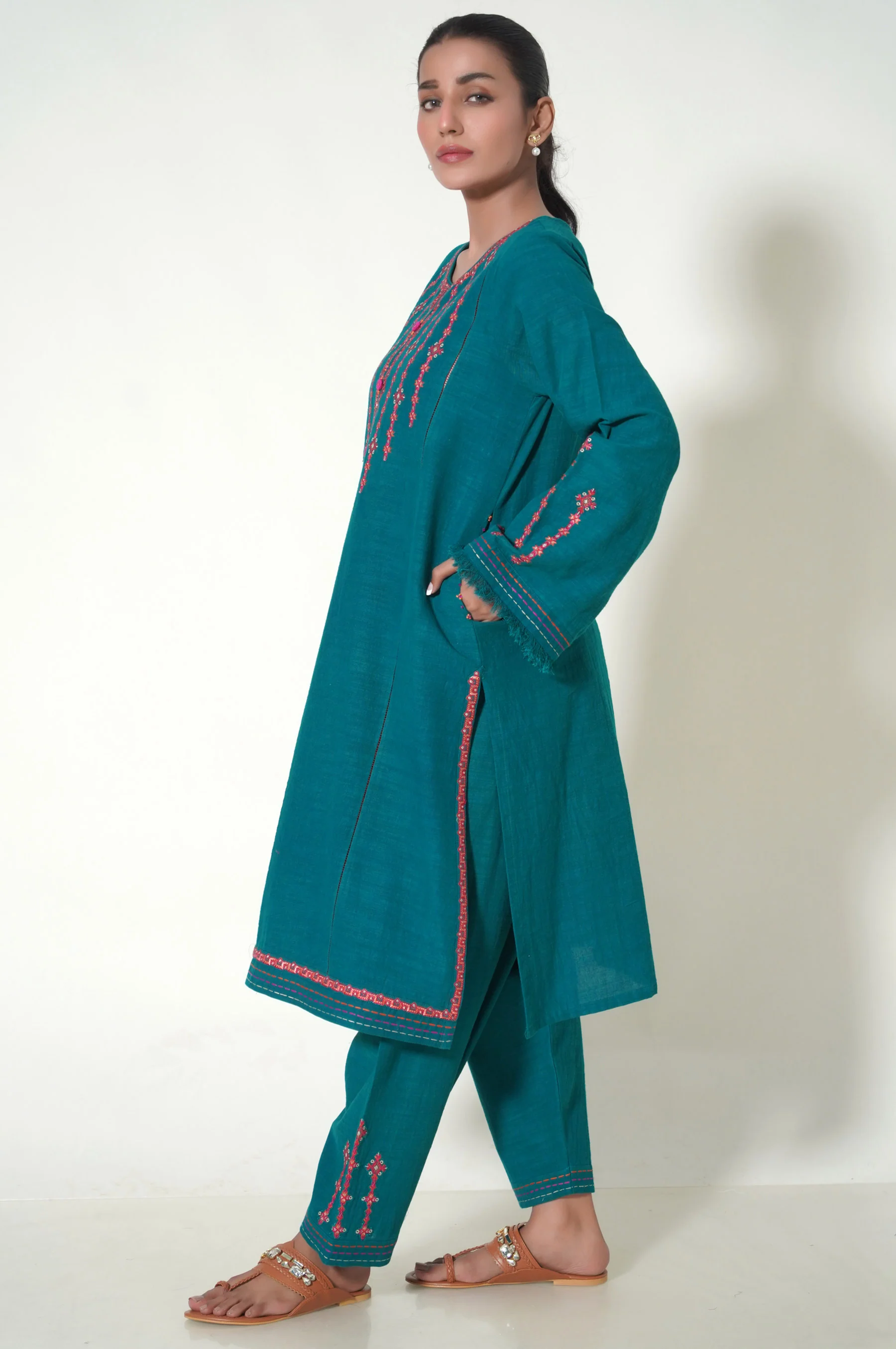 Unstitched 2 Piece Embroidered Khaddar Suit - Image 3