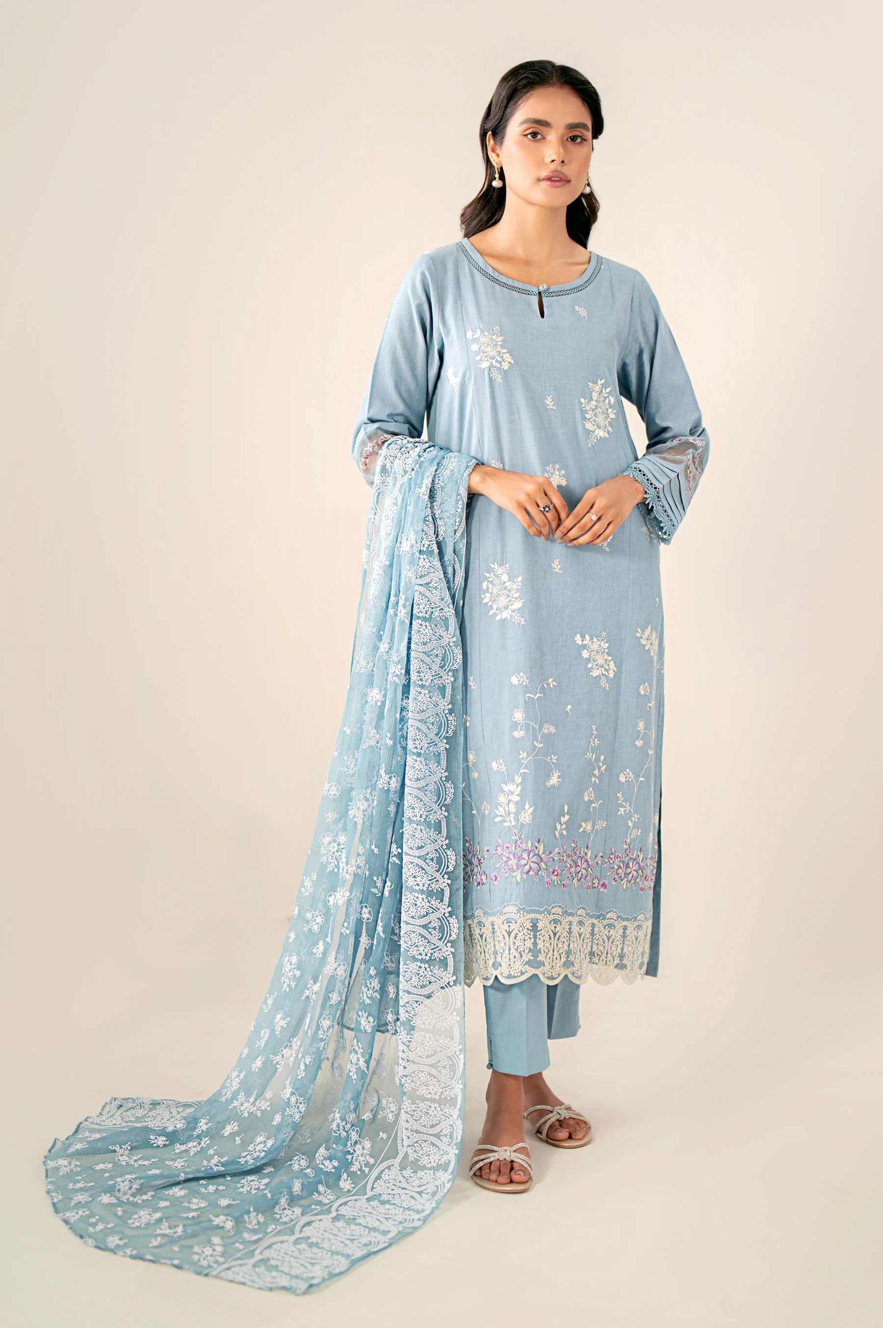 Unstitched 3 Piece Embroidered Cambric Shirt with Puff Print Chiffon Dupatta