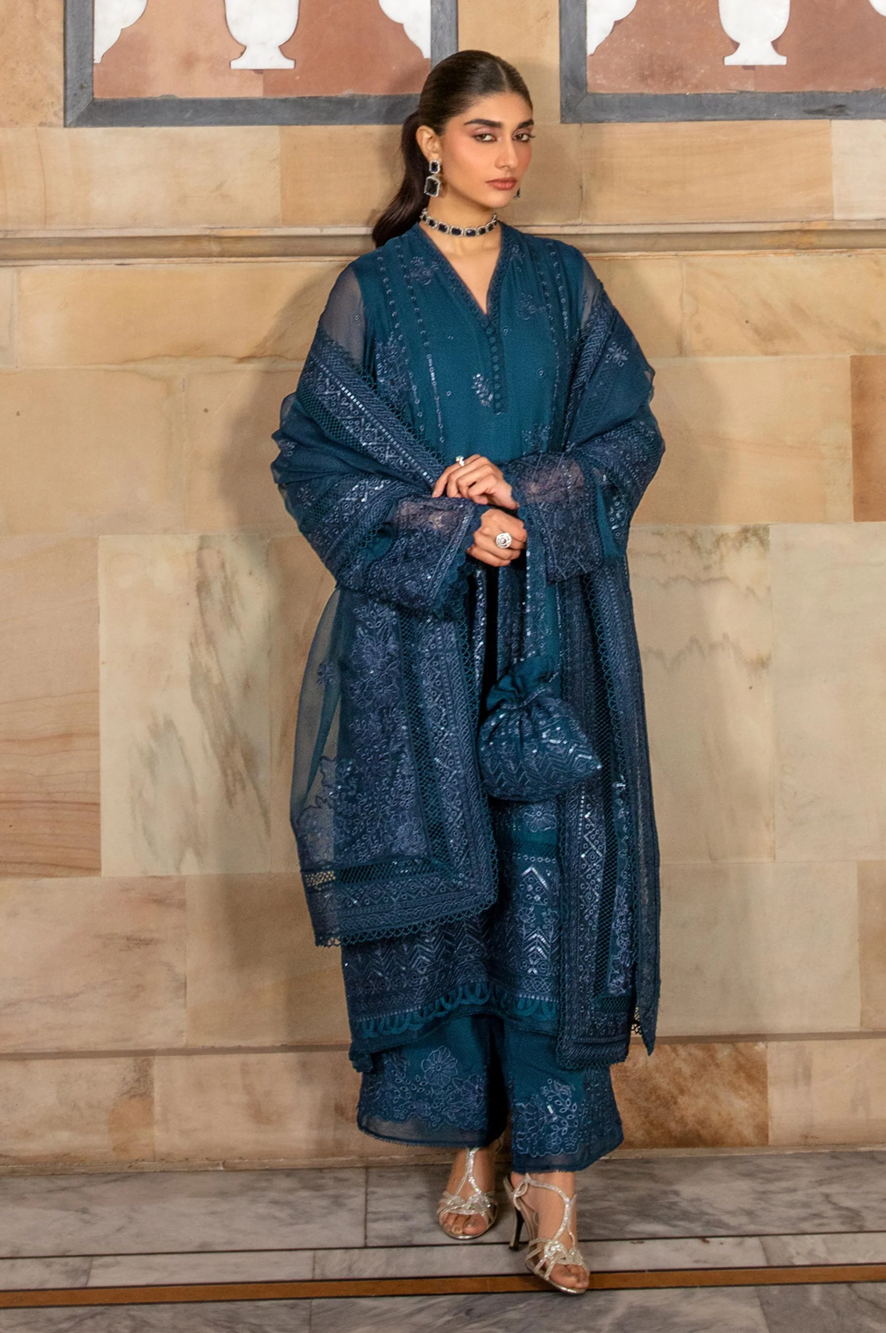 Unstitched 3 Piece Embroidered Chiffon Suit - Image 6