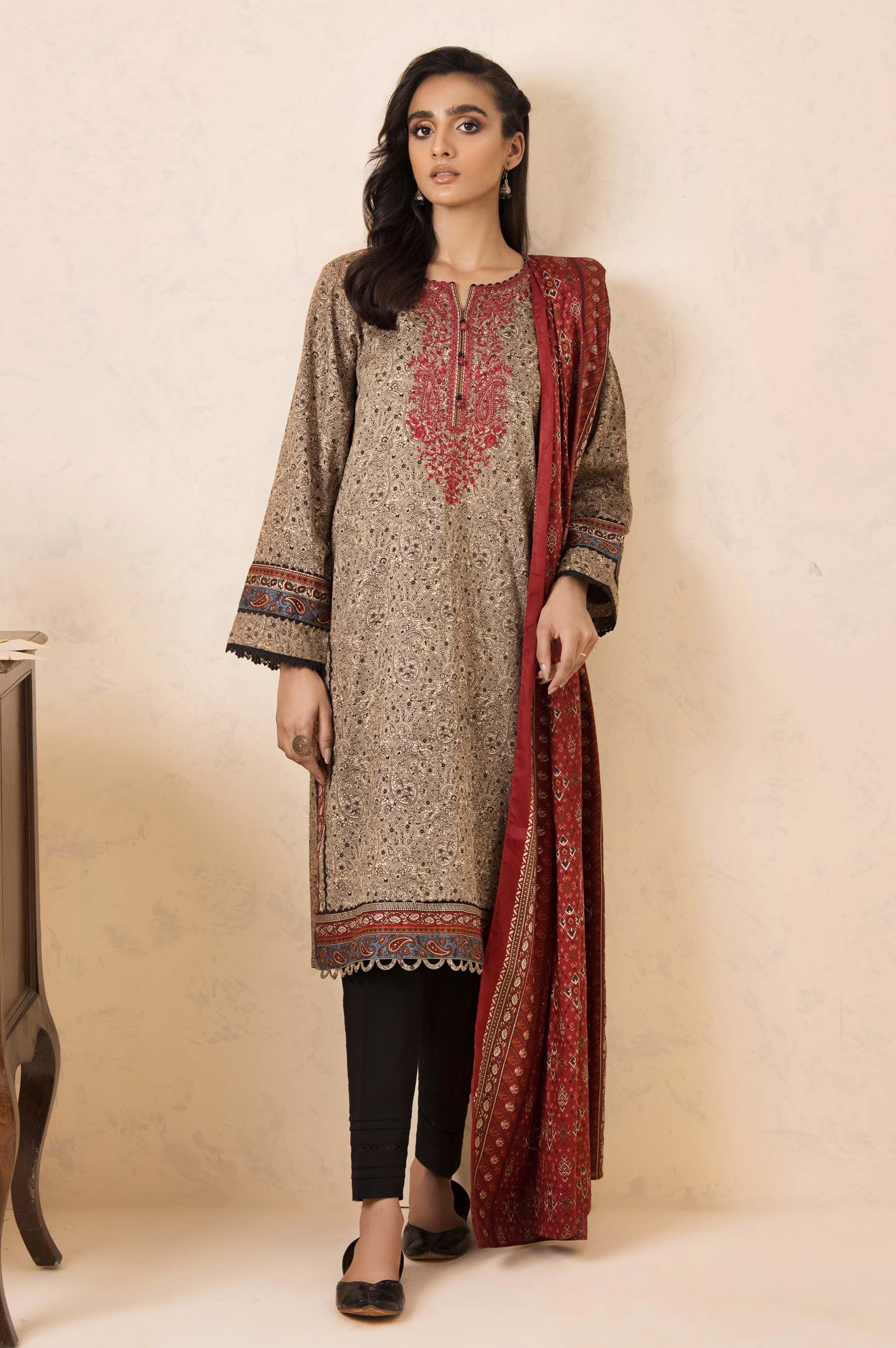 Unstitched 3 Piece Embroidered Cottel Suit