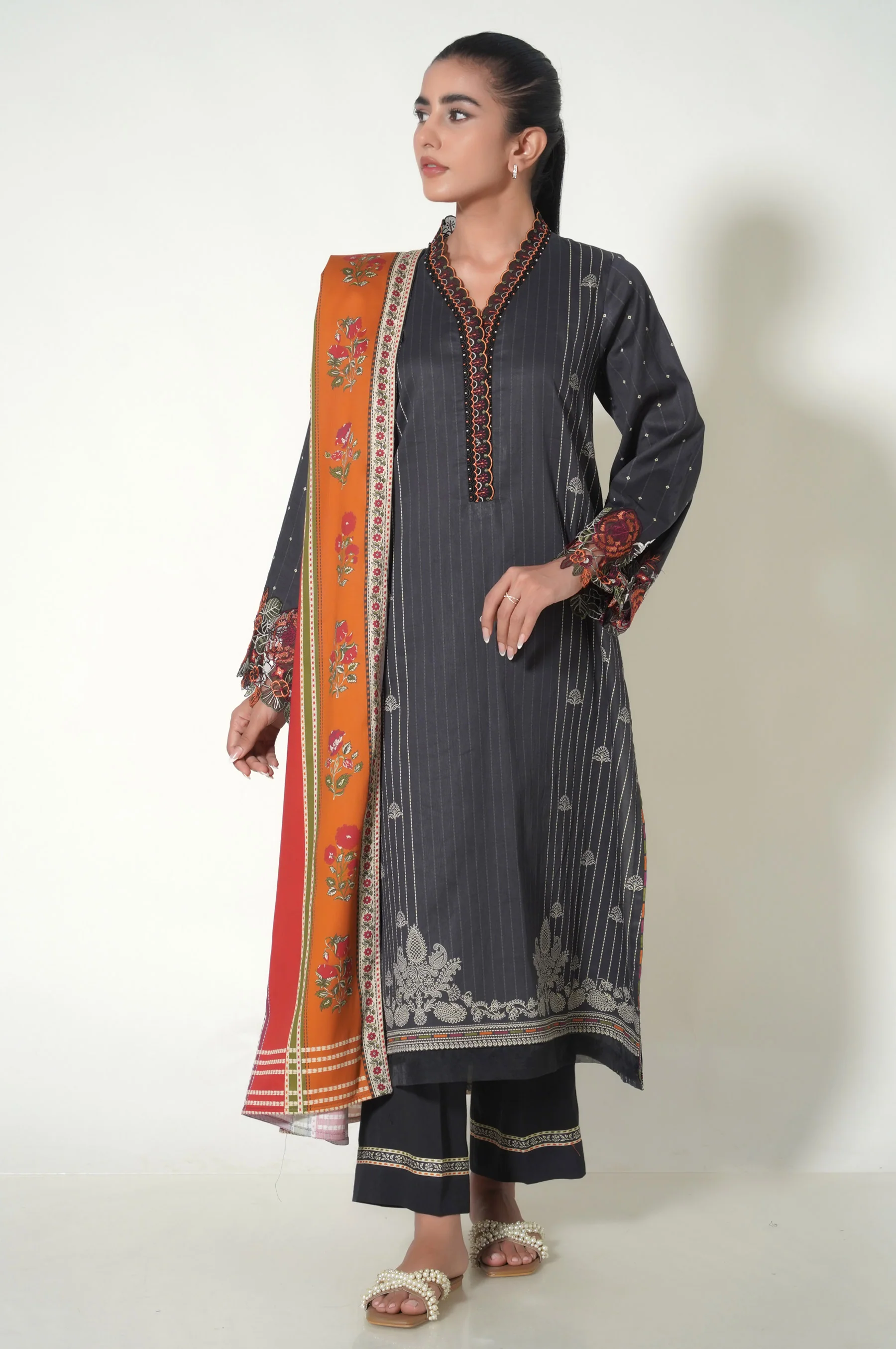 Unstitched 3 Piece Embroidered Cottel Suit - Image 2