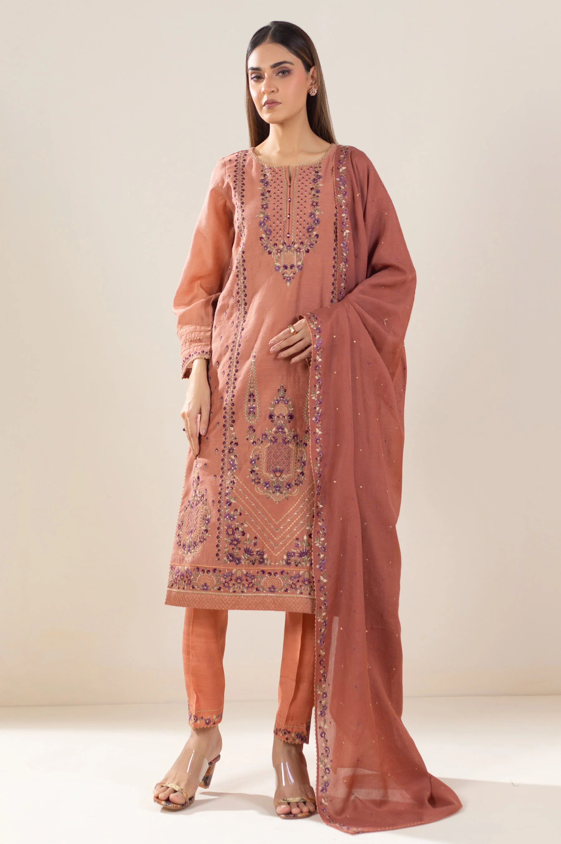 Unstitched 3 Piece Embroidered Cotton Net Suit - Image 2