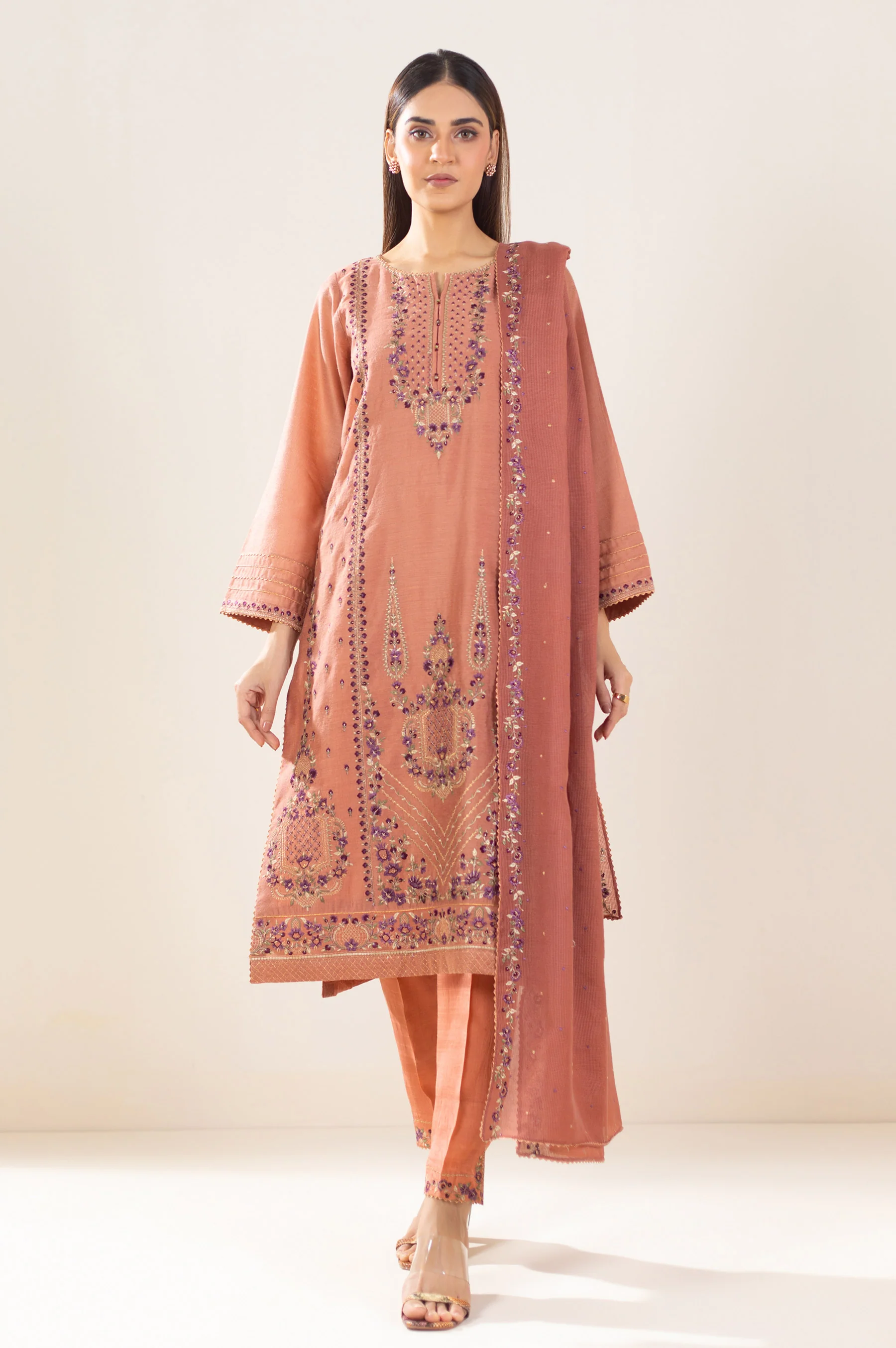 Unstitched 3 Piece Embroidered Cotton Net Suit - Image 8