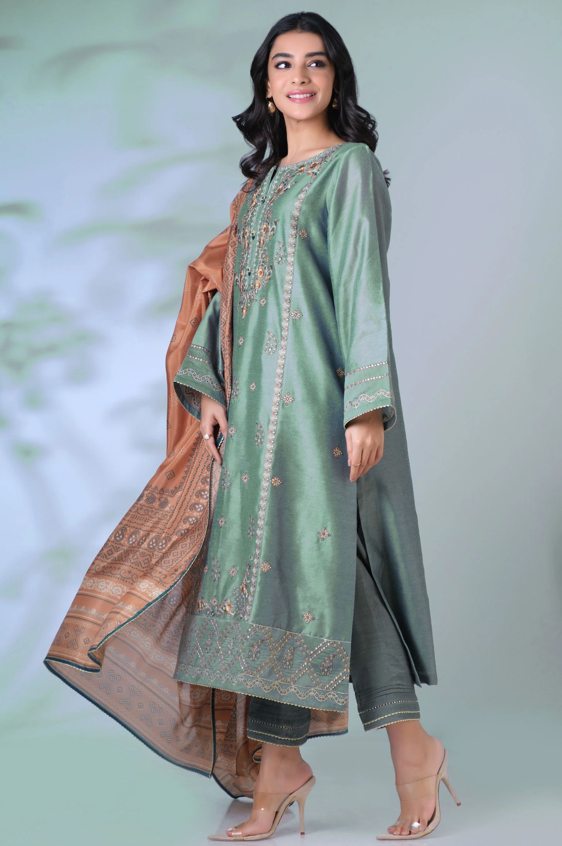 Unstitched 3 Piece Embroidered Cotton Net Suit - Image 2